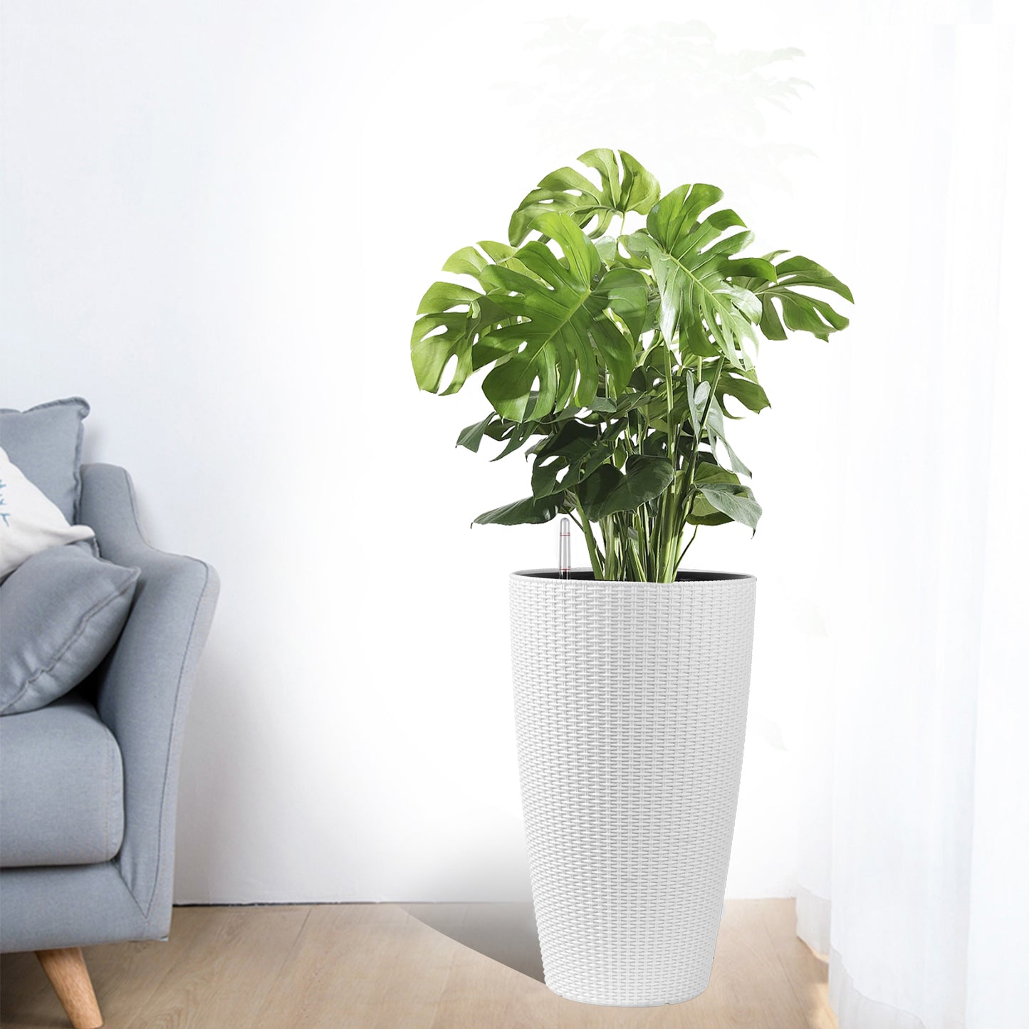 Set of 2 Faux Rattan Tall Planters Outdoor Indoor Large Planters with Water Level Monitor Inner Bucket, Automatic Watering, Flower Plant Pots for Garden, Patio, Porch, Backyard (White, 22 inch) image 9