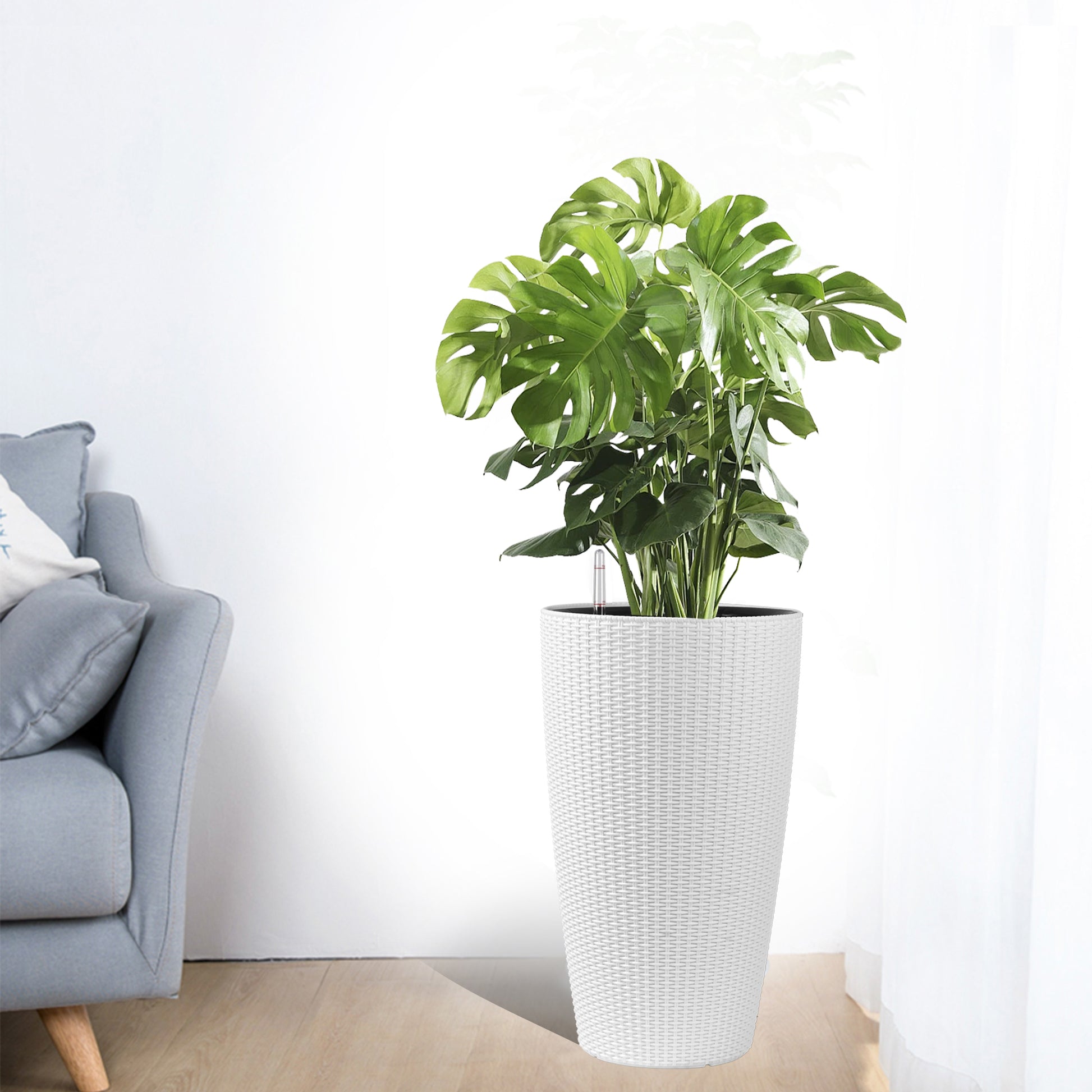 Set of 2 Faux Rattan Tall Planters Outdoor Indoor Large Planters with Water Level Monitor Inner Bucket, Automatic Watering, Flower Plant Pots for Garden, Patio, Porch, Backyard (White, 22 inch) image 9