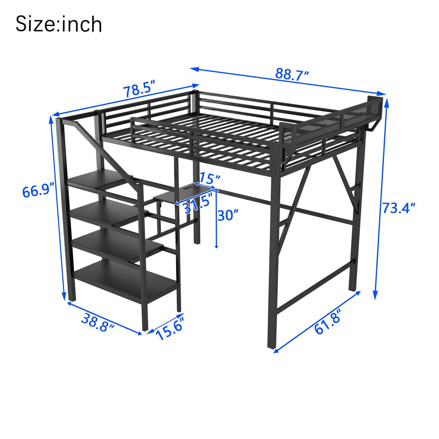 Queen Size Loft Bed with Foldable Desk and Charging Station,Metal Queen Loft Bed with Light Strip and Staircase Storage for Kids Teens Adults, Patent Products,Black(Expect Arrival Date 2026/4/10) image 9