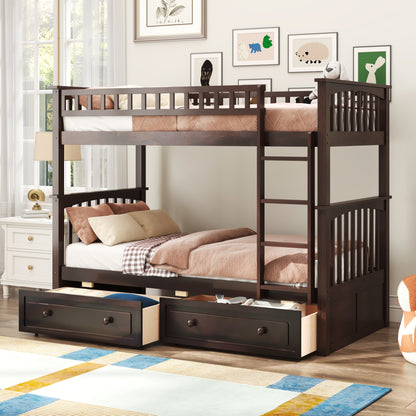 Twin over Twin Bunk Bed with Drawers, Convertible Beds, Espresso image 1