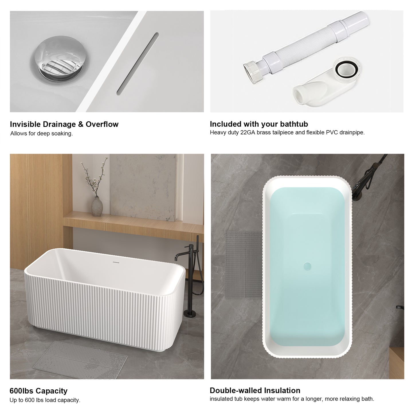 59"Rectangle Linear Acrylic Freestanding Bathtub Stand Alone Soaker Tub, Glossy White Acrylic, POP-UP Chrome Drain, cUPC Certified, image 9