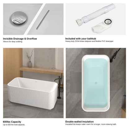 59"Rectangle Linear Acrylic Freestanding Bathtub Stand Alone Soaker Tub, Glossy White Acrylic, POP-UP Chrome Drain, cUPC Certified, image 9