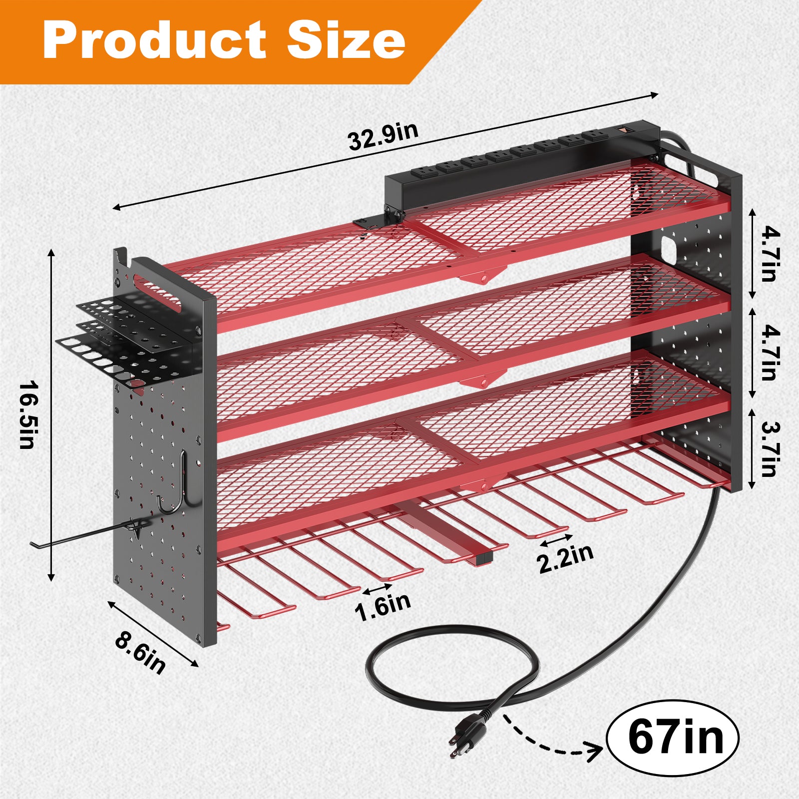 33 inches Modular Wall-Mounted Power Tool Organizer with Charging Station Heavy-Duty Drill Rack with Hooks and 8-Outlet Holder in Red image 9