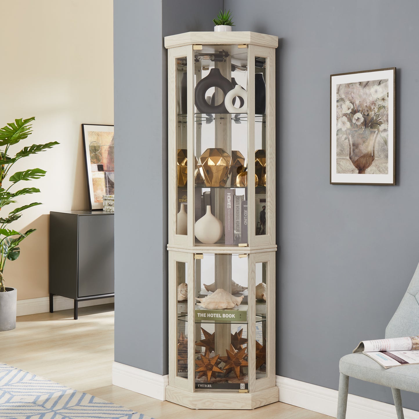 Corner Glass Cabinet Lighted Curio Cabinet Corner Display Case for Living Room, Curio Cabinet, Antique collection, Wine,Bar Glass Storage Light Included, Antique White image 2