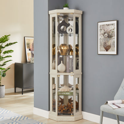 Corner Glass Cabinet Lighted Curio Cabinet Corner Display Case for Living Room, Curio Cabinet, Antique collection, Wine,Bar Glass Storage Light Included, Antique White image 2