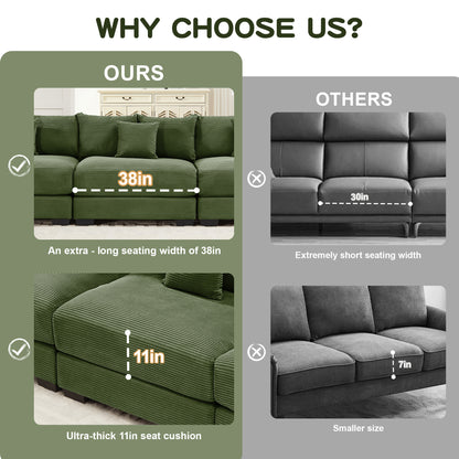 92" Oversized Cloud Modular L-Shape Sectional Couch, Soft Corduroy Fabric, with Chaise, Deep Seat Wide Armrests, Ergonomic Design, 6 Throw Pillows, Easy Assembly, for Living Rooms, Lounges,Green image 9