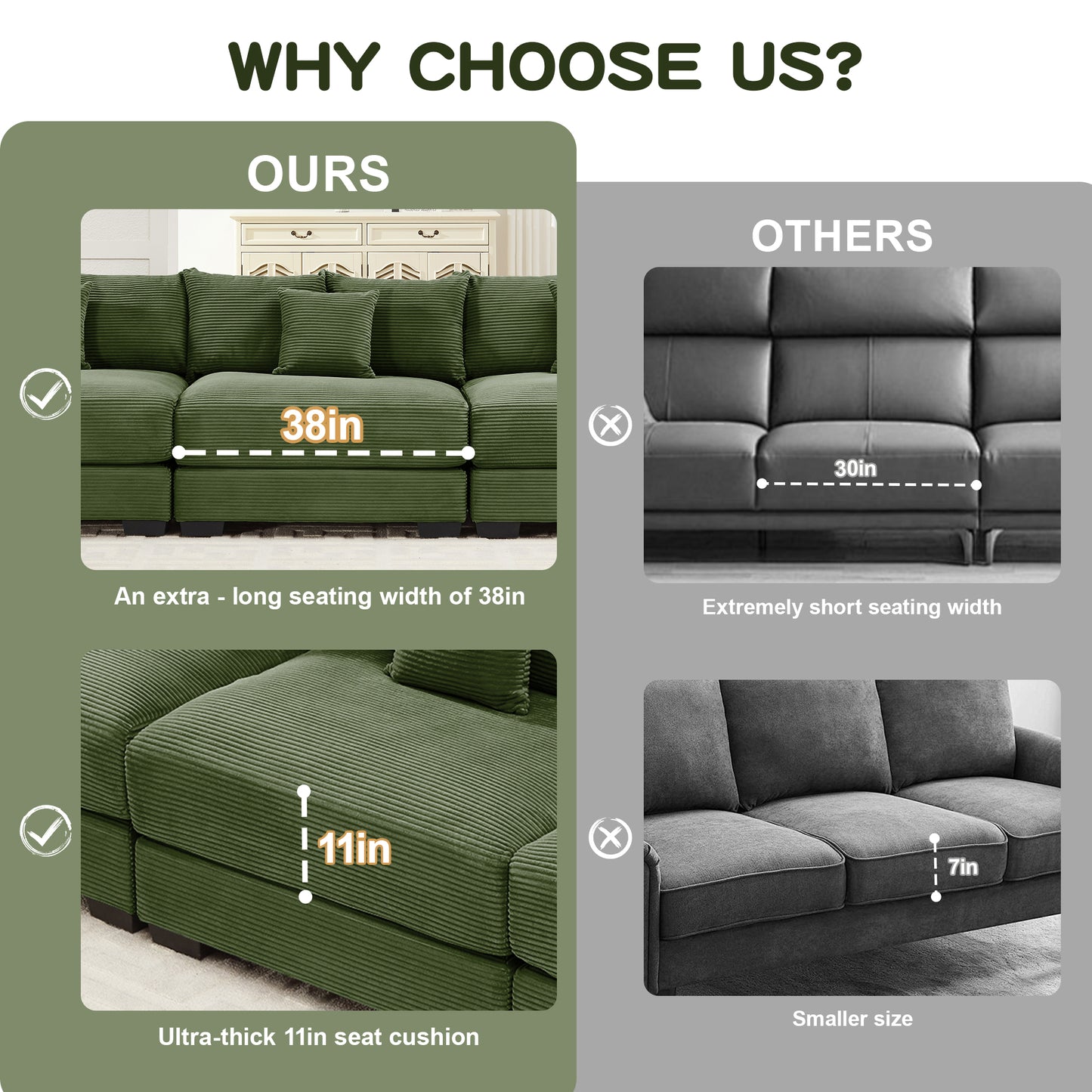 Oversized Cloud Modular Sectional Couch,Convertible Sectional Couches Deep Seat Extra-Wide Armrests, 13 Throw Pillows Premium Corduroy Fabric, Ergonomic Design,Easy Assembly, For Living Rooms,Green image 6