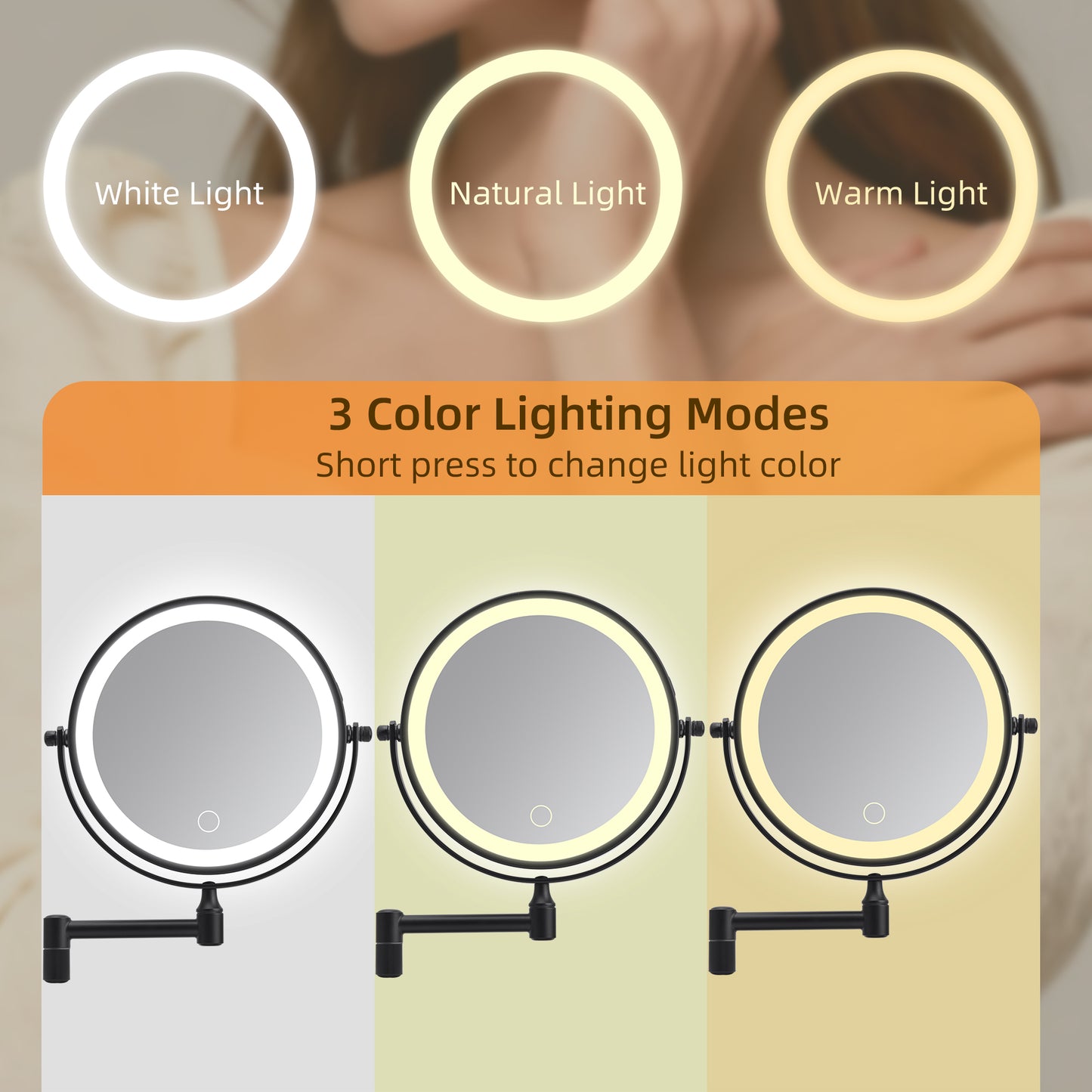 Rechargeable Wall Mounted Makeup Mirror 8'' Magnifying Mirror with Lights Double-Sided 1X/10 360° Rotation Extension Bathroom Shaving Mirror with Foldable Arm image 7