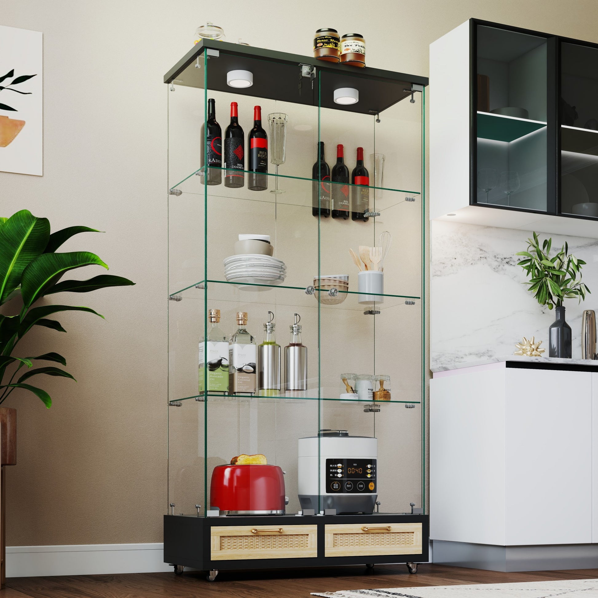 Modern Glass Display Cabinet with Large Drawers,Quick-assembly Antique Cabinet with LED lights,Tempered Glass Bookshelf,2-Door Storage Case with 4 Shelves for Living Room and Bedroom,black and natural image 5