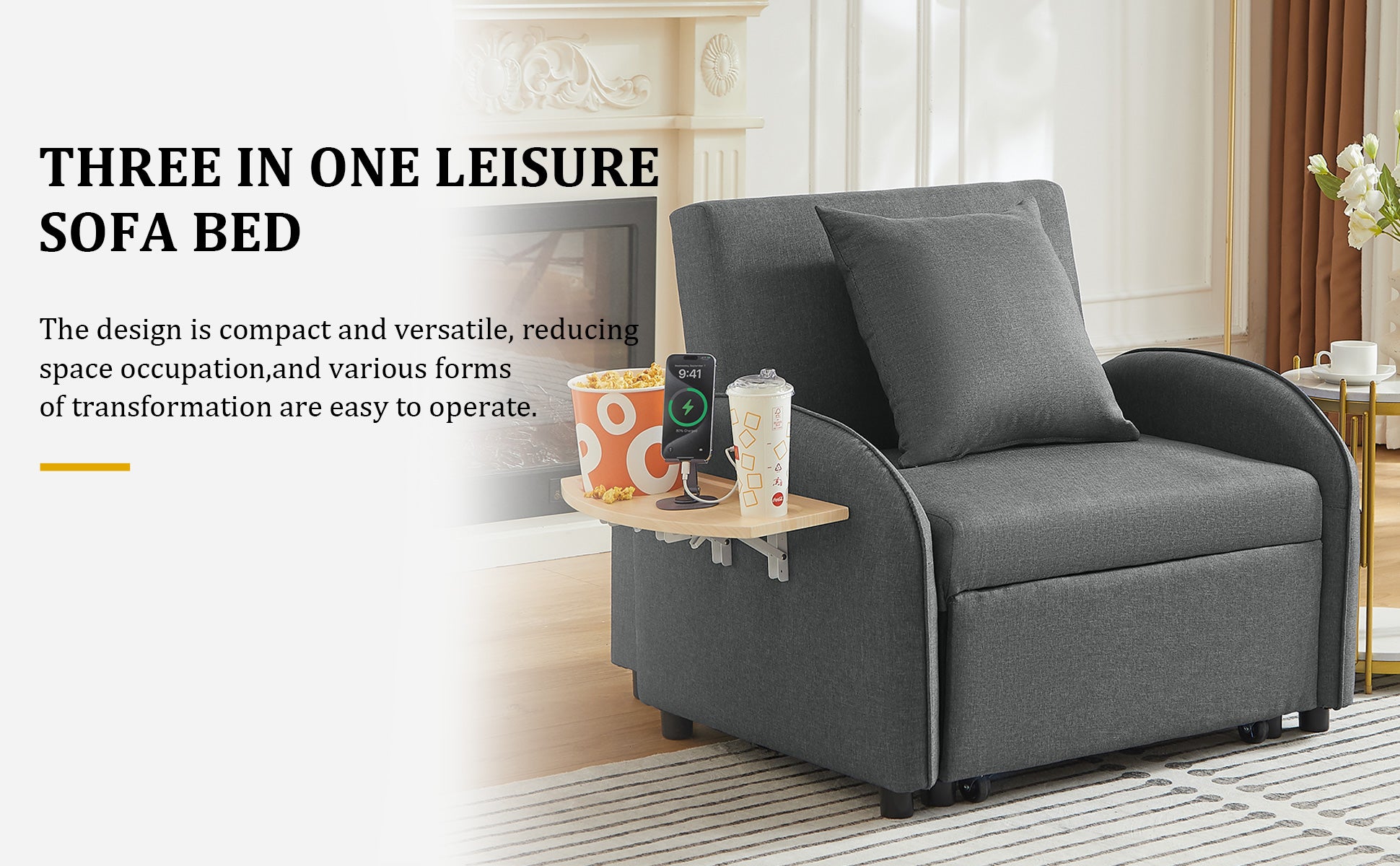 Sleeper Sofa Chair Bed, 3 In 1 Convertible Sofa Chair With Adjustable Backrest & Foldable Table & USB, Type-C, Adjustable Recliner, Armchair For Living Room Bedroom Apartment Small Space,Darkgray image 11