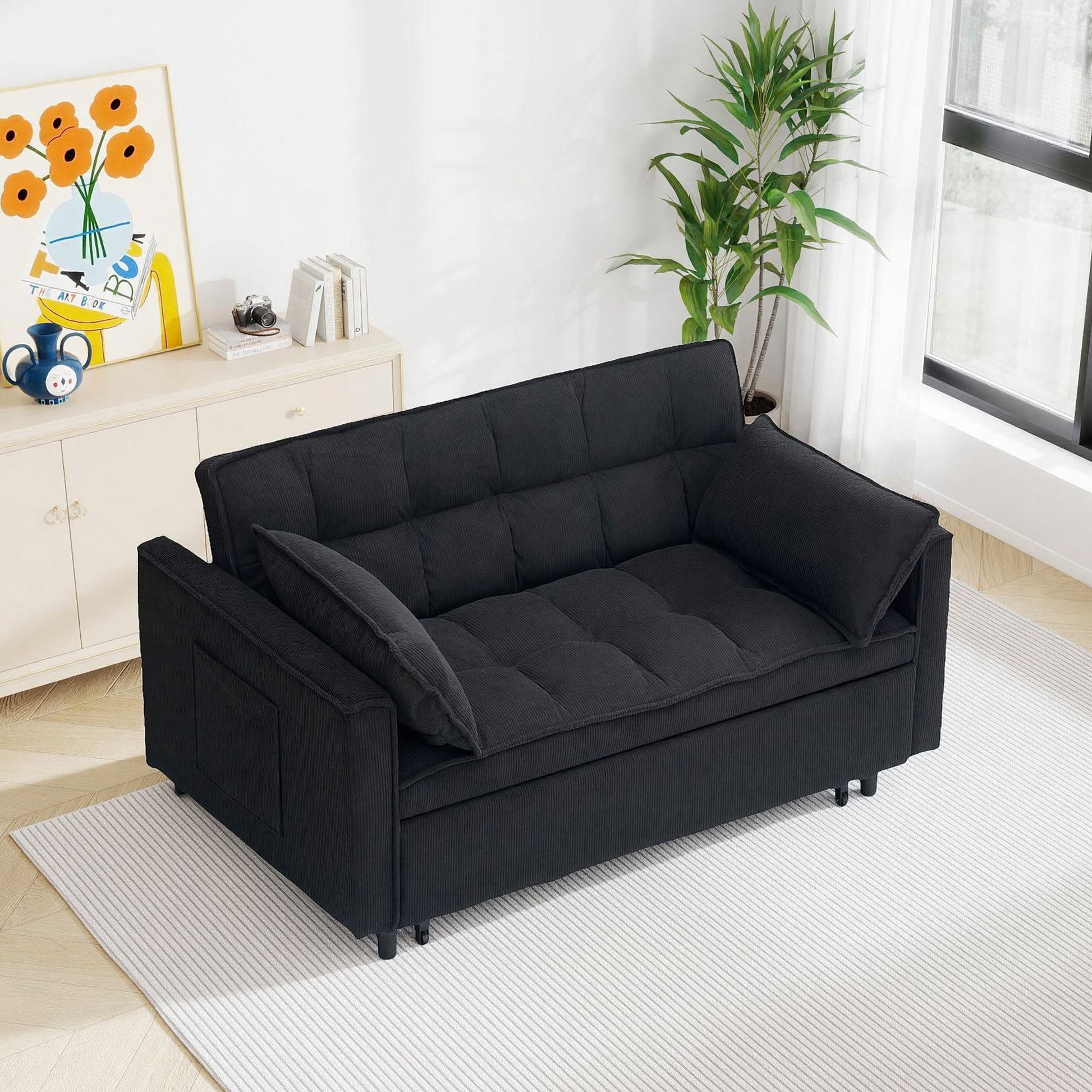 54.30" Corduroy Modular Sectional Sleeper Sofa, Loveseat with Pull Out Bed for Living Room Black Couch image 2
