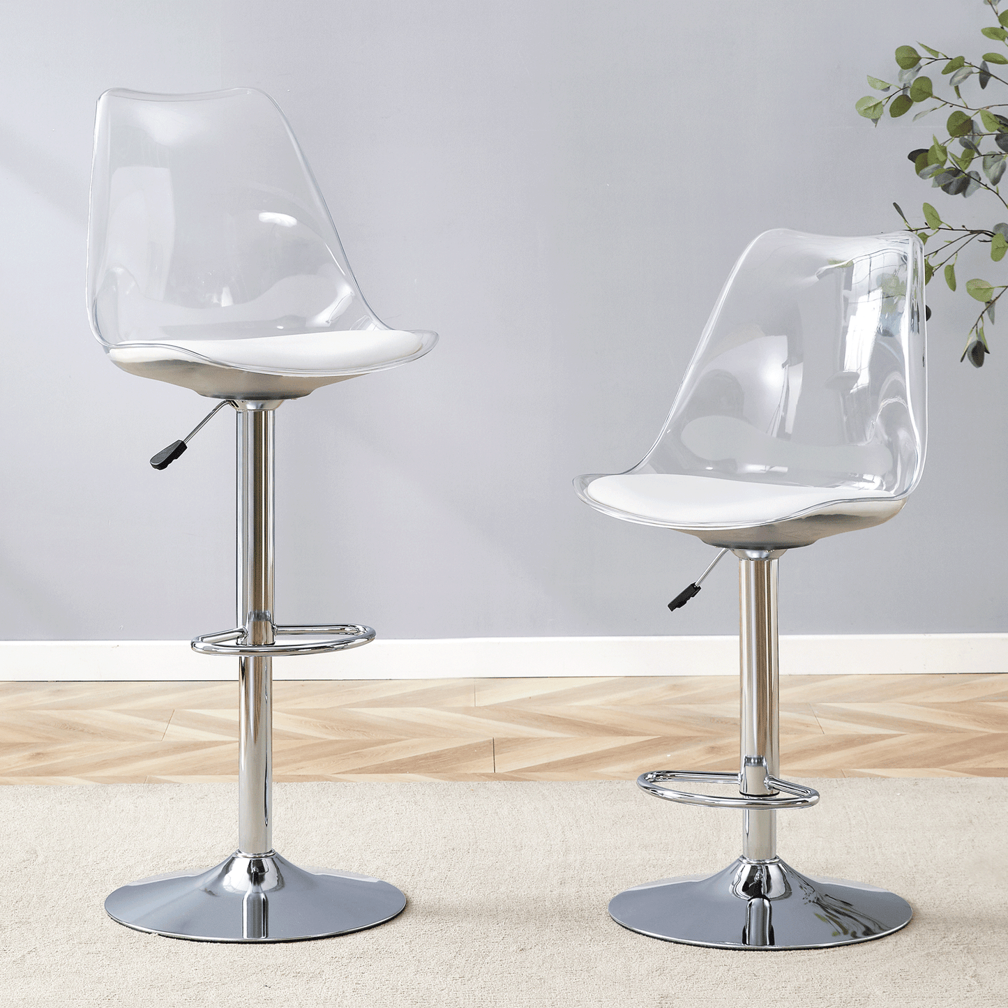 Modern minimalist bar chairs and bar stools. Can rotate 360 ° and adjust lifting. PET backrest and White PU seats. Suitable for bars, restaurants, and front desk cashiers.Set of 2. image 1