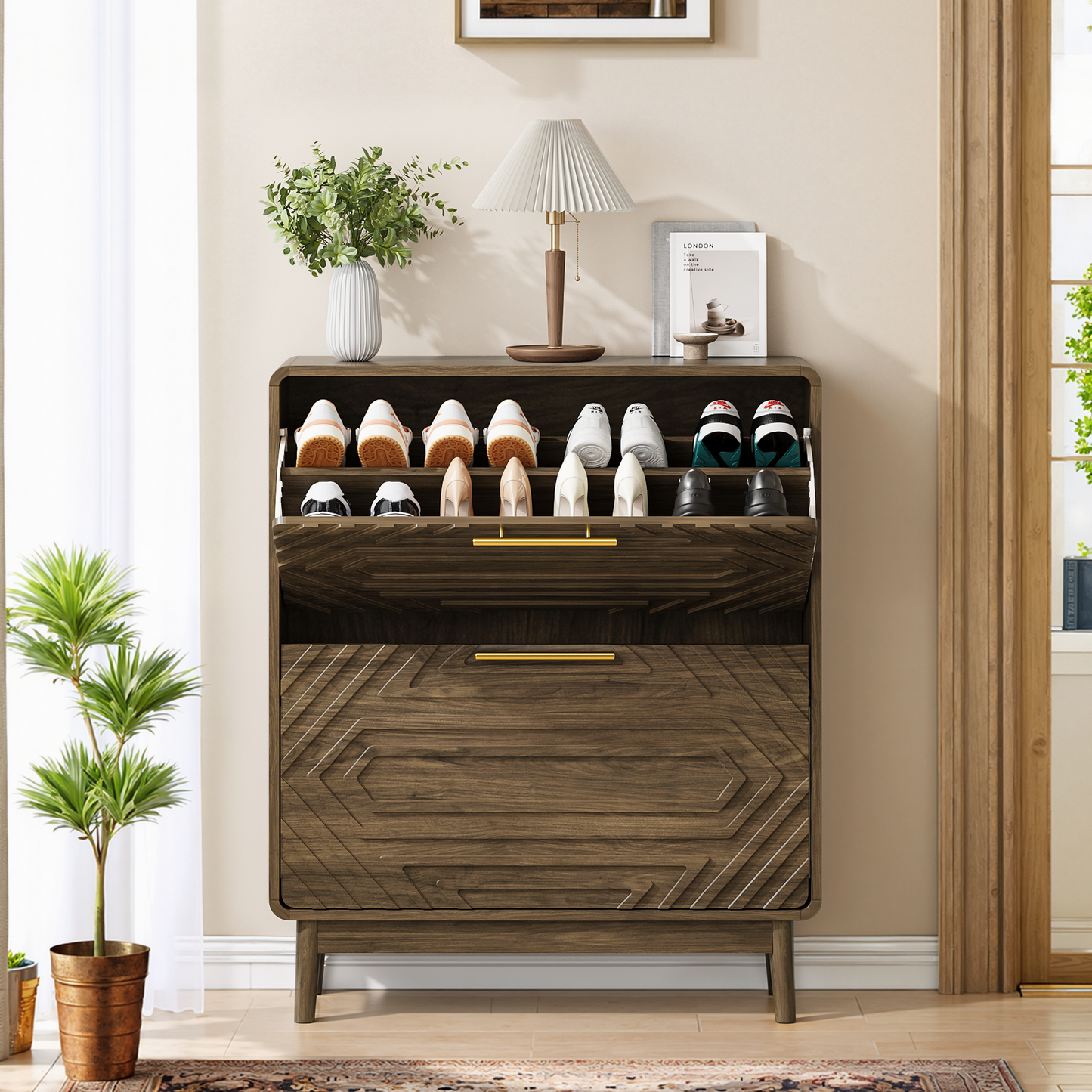 31.5" Walnut Shoe Cabinet, Mid-Century Modern Freestanding Shoe Cabinet, Freestanding Organizer with 2 Flip-Top Drawers, Suitable for Entry, Hallway and Foyer image 1