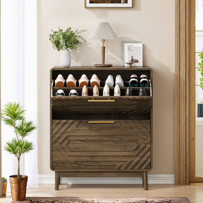 31.5" Walnut Shoe Cabinet, Mid-Century Modern Freestanding Shoe Cabinet, Freestanding Organizer with 2 Flip-Top Drawers, Suitable for Entry, Hallway and Foyer image 1