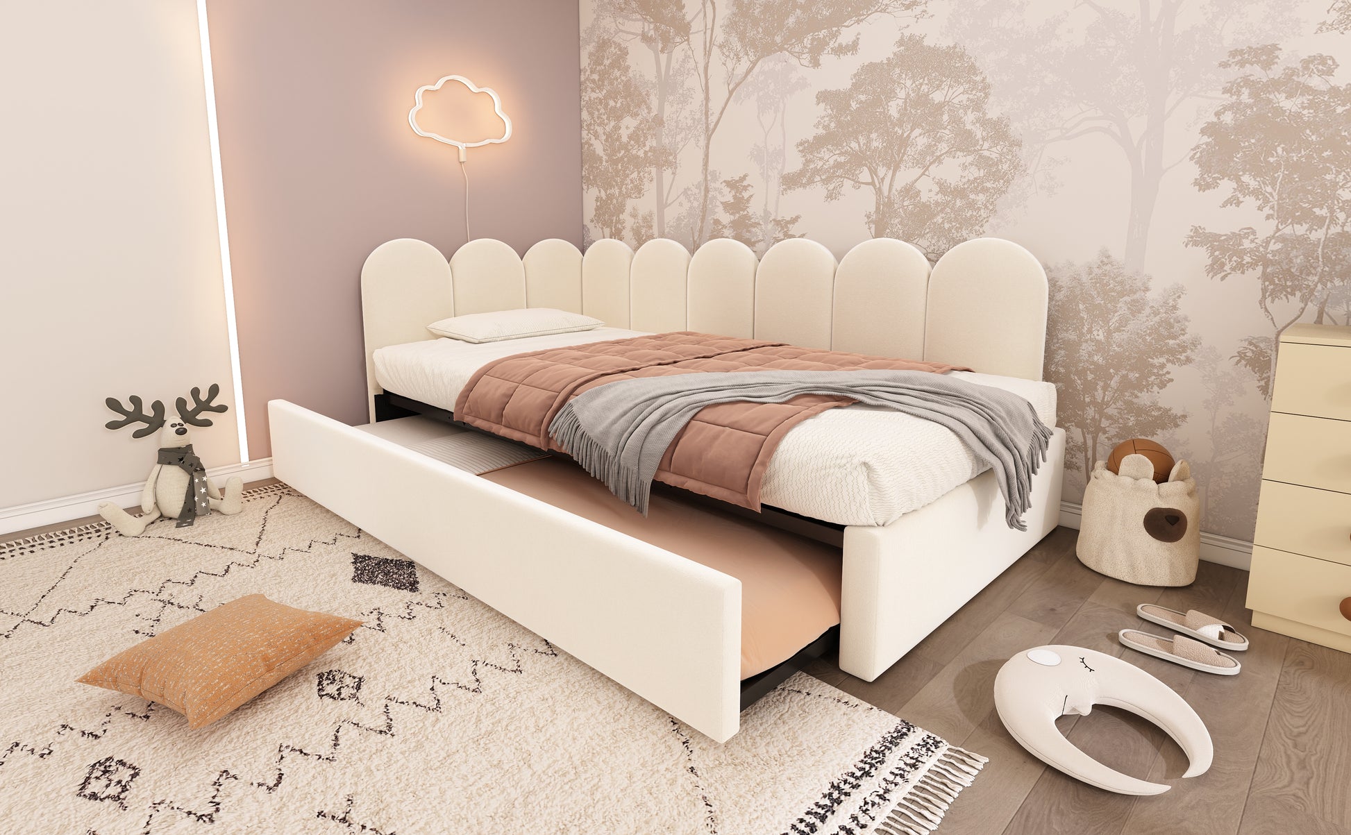 Upholstered Bed Daybed With Pull-Out Bed, Twin Size Single Sofa Bed,Guest Beds For Adults and Children, Bed With Metal Slatted Frame, Velvet, Beige (Without Mattress) image 10