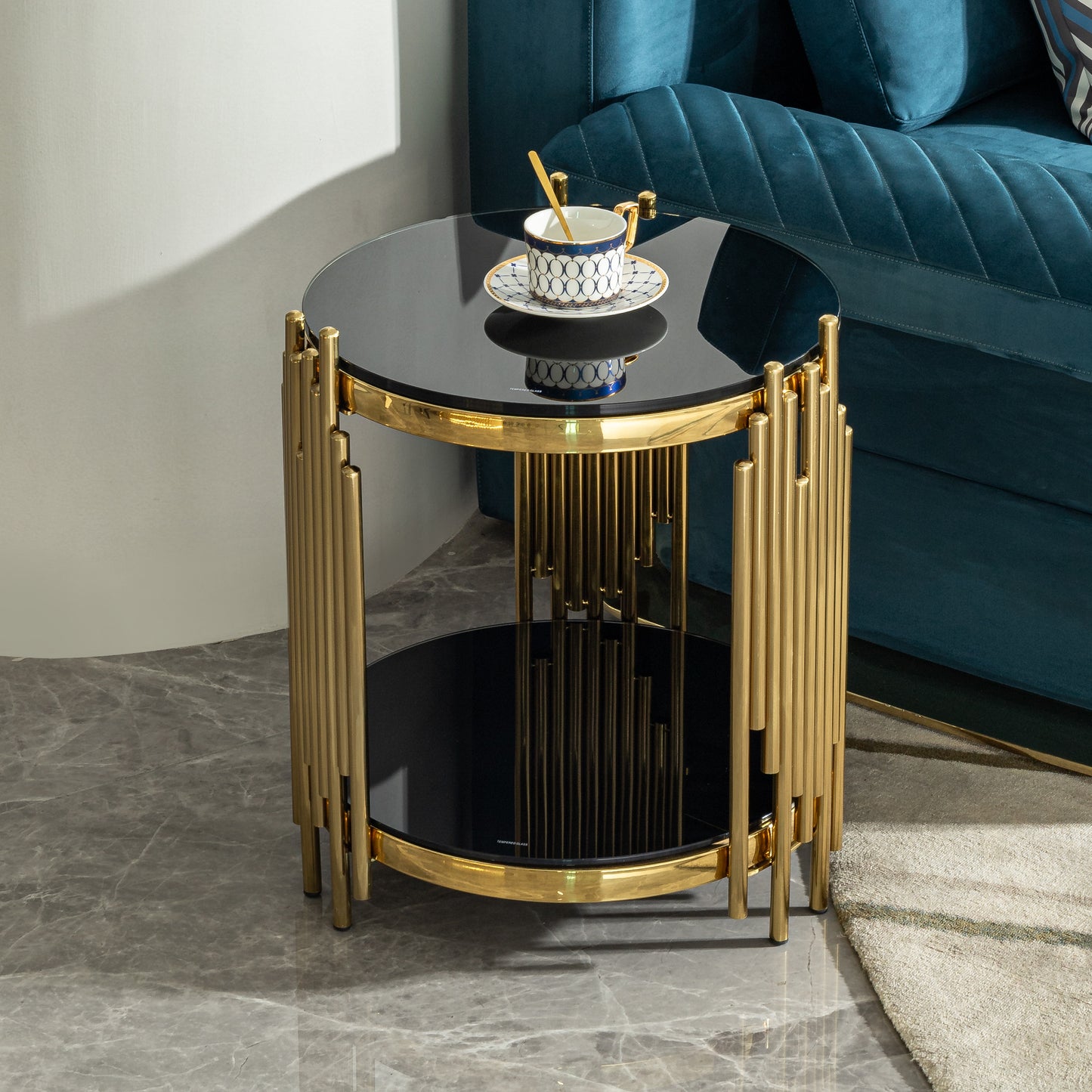 Luxury Round End Table with 2-Tier Black Tempered Glass Top and Gold Stainless Steel Frame, Modern Side Table for Living Room, Bedroom, Office, or Café image 5