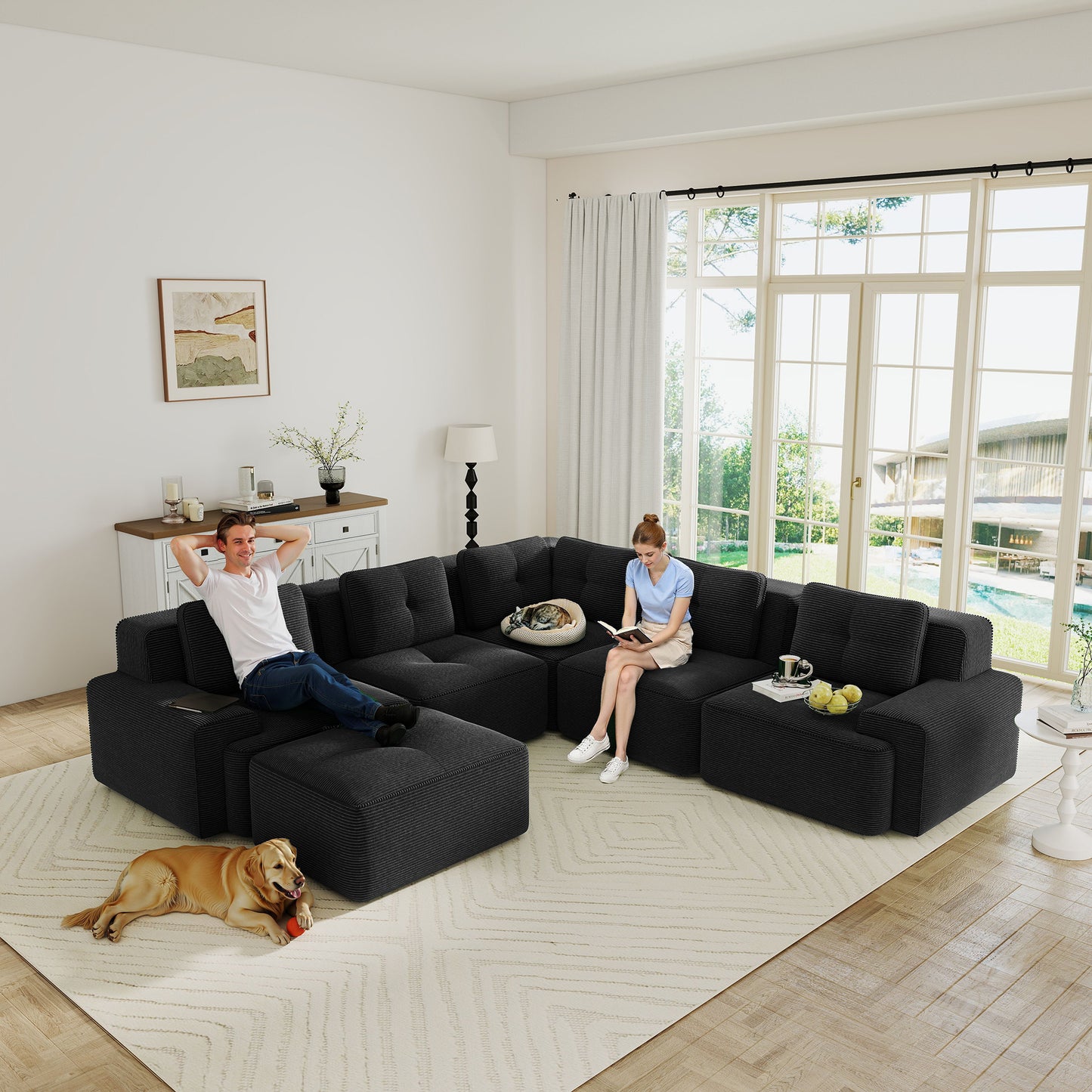 Modular Sectional Sofa with 5-Seater,V Shaped Corner Couch,Corduroy Fabric,2 Movable Ottomans, Deep Seat for Living Room, Pearl-like piping, Tufted Design, No Assembly, Anti-slip Design,Black image 4