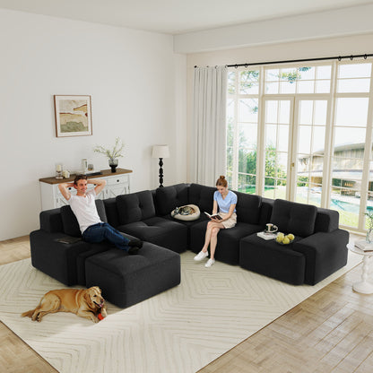 Modular Sectional Sofa with 5-Seater,V Shaped Corner Couch,Corduroy Fabric,2 Movable Ottomans, Deep Seat for Living Room, Pearl-like piping, Tufted Design, No Assembly, Anti-slip Design,Black image 4