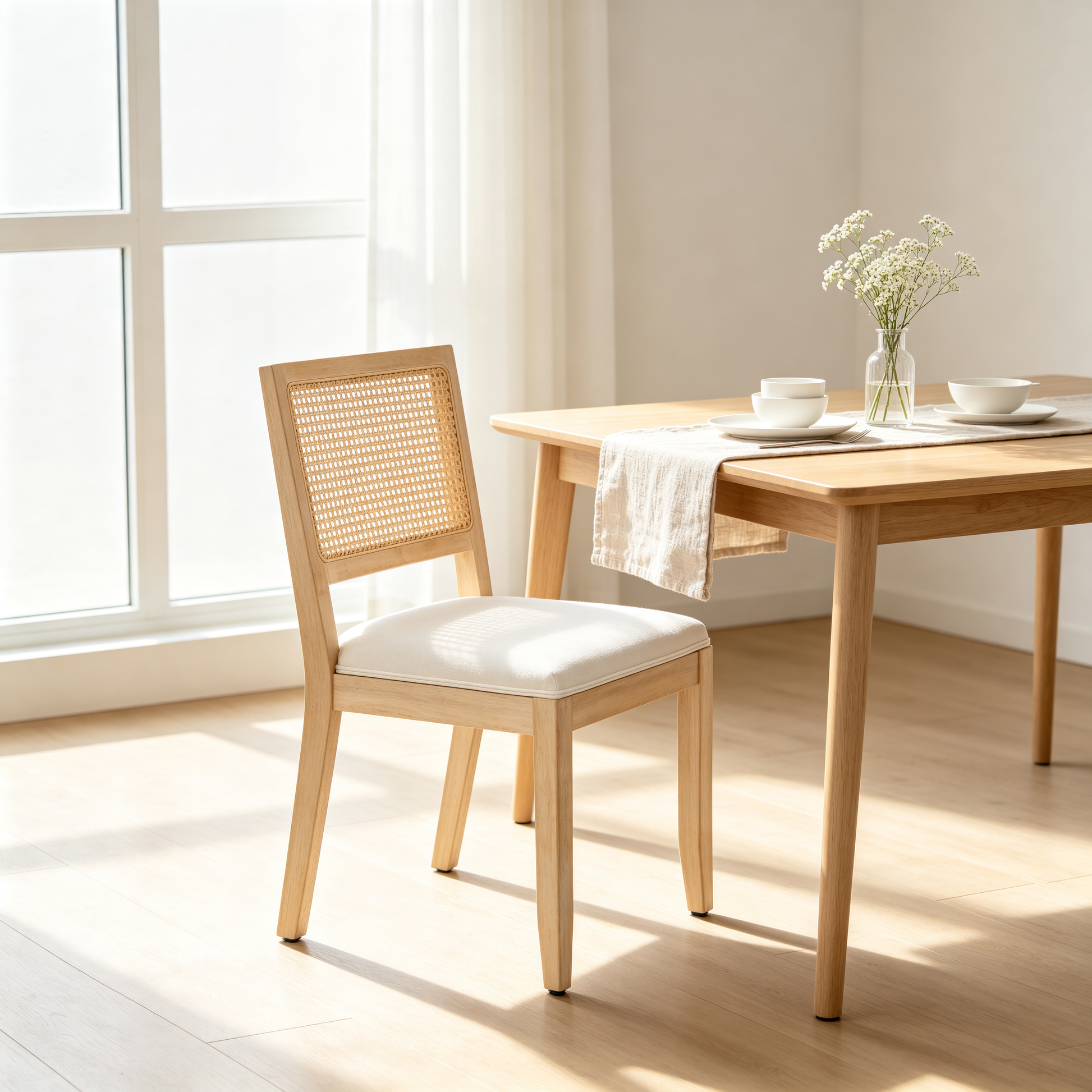 Farmhouse Rattan Dining Chairs Set of 2, Mid Century Modern Kitchen & Dining Room Chairs, Cane Low Back, with Natural Solid Wood Frame, Beige image 8