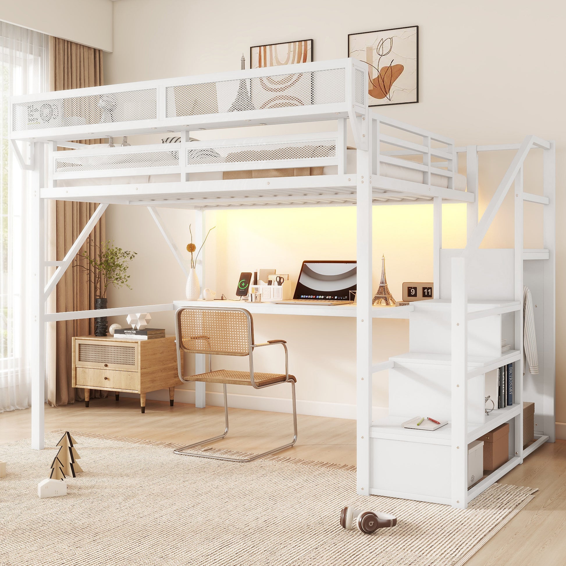 Queen Loft Bed with Desk and Charging Station, Queen Size Metal Loft Bed with Stairs and Light for Kids Teens,White(Expect Arrival Date 2026/3/7) image 1