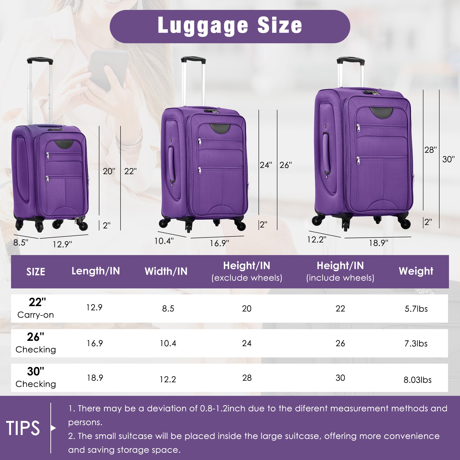 Softside Luggage Expandable 3 Piece Set Suitcase with Duffel Bag Upright Spinner Softshell Lightweight Luggage Travel Set-22/26/30 IN image 2