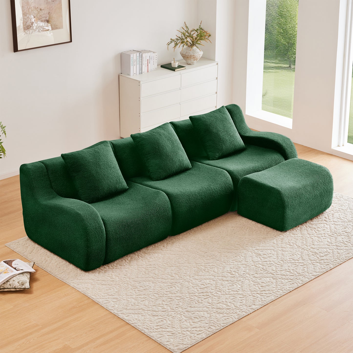 Boneless Sofa,3 Seat High-Quality Teddy Fabric,Anti-Slip Design,No Assembly Curved Armrests Streamlined Design,Assembly Chaise 32D High Density Sponge For Living Rooms Bedrooms,Green image 2
