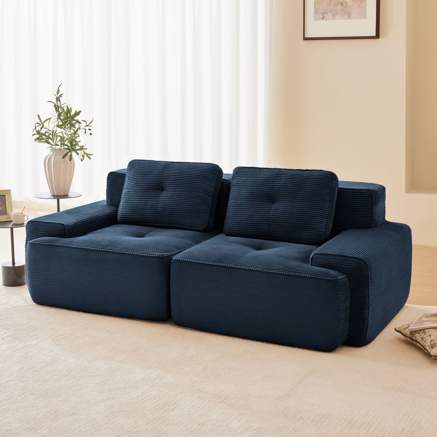 82" Modern L-Shaped Modular Sectional Sofa for Living Room, Corduroy Fabric, 2-Seater Couch with Deep Seat, Pearl-like piping, Tufted Design, No Assembly, Anti-slip Design​, Blue image 2
