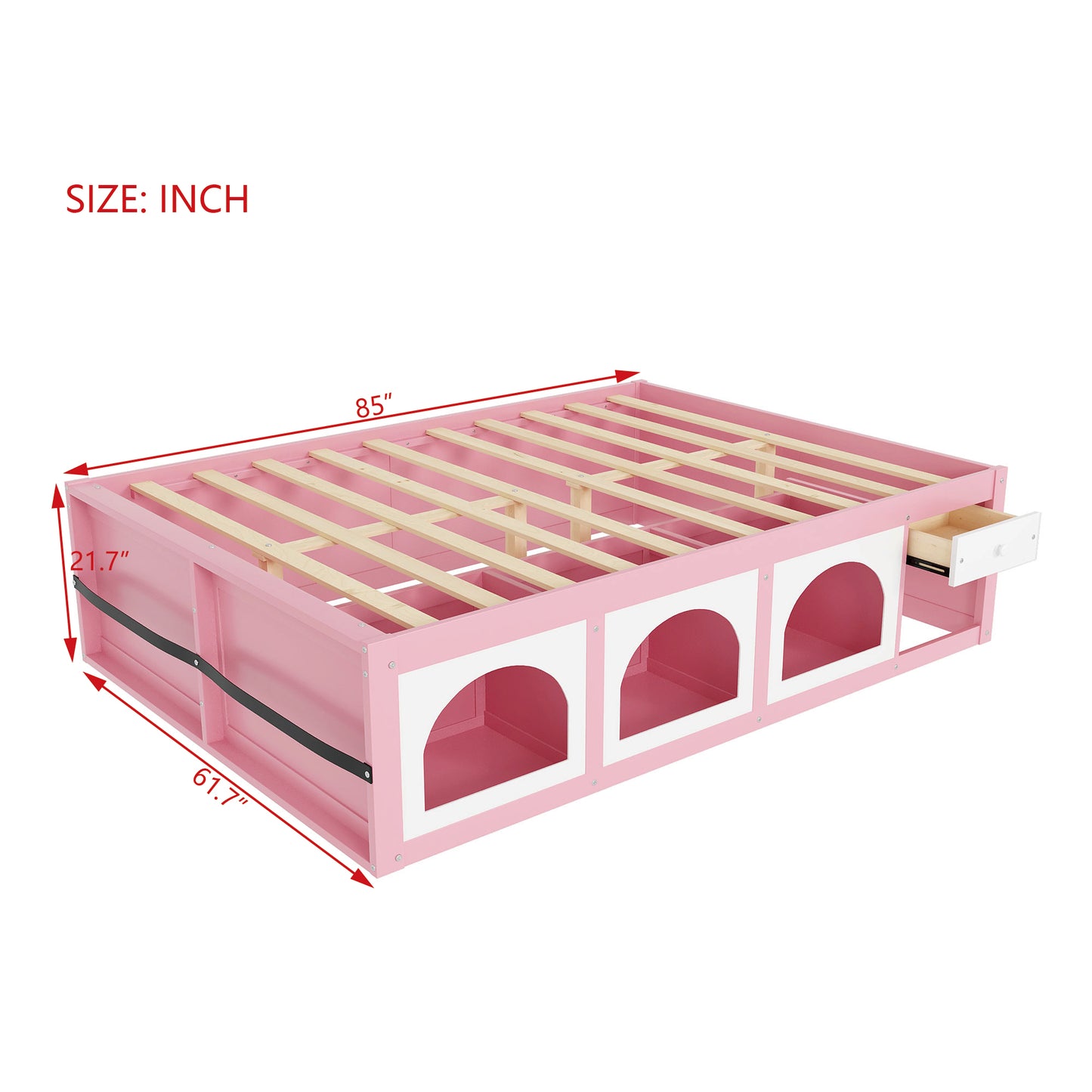 Queen Size Wooden Platform Bed with Bookshelf, Display Cabinet, LED Light and Drawer, Pink+White image 7