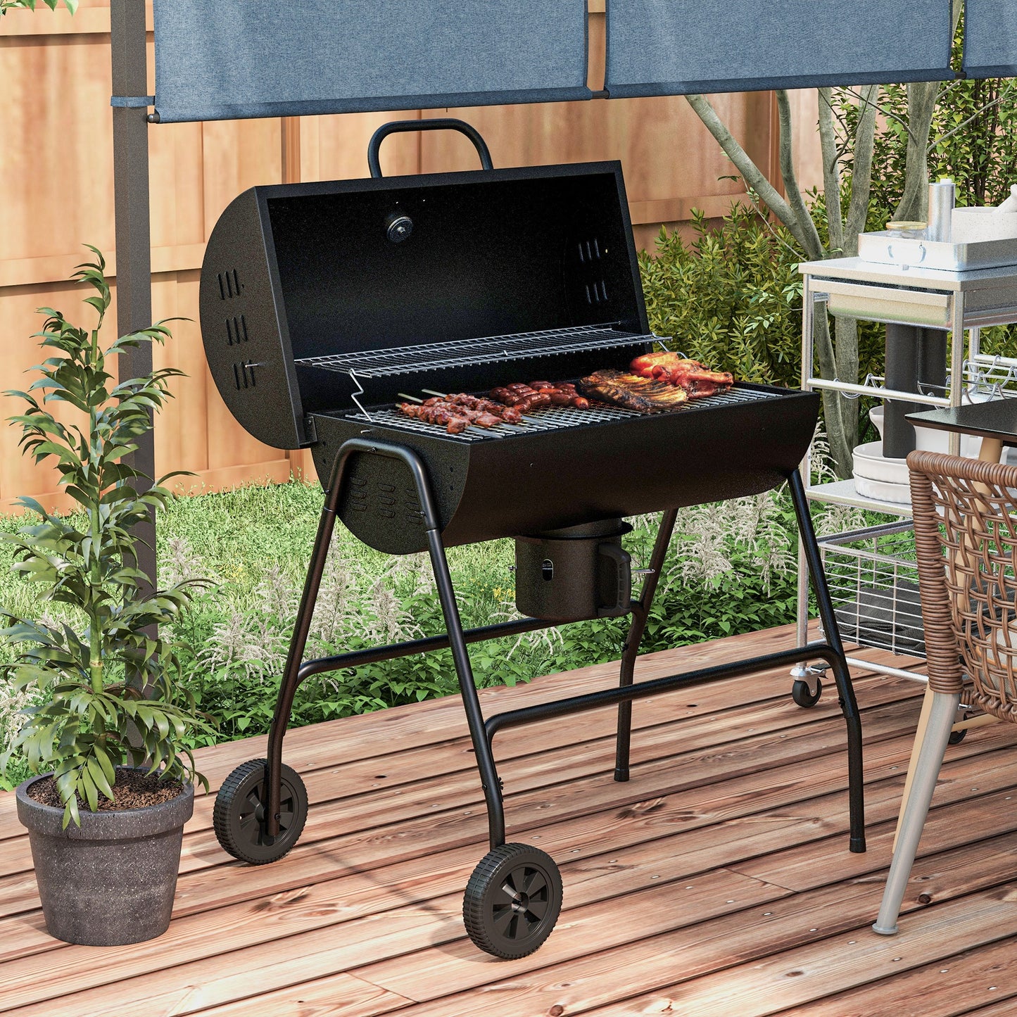 Outsunny Barrel Charcoal BBQ Grill with 420 sq.in. Cooking Area, Outdoor Barbecue with Wheels, Ash Catcher and Built-in Thermometer for Patio Picnic, Backyard Party, Black image 2