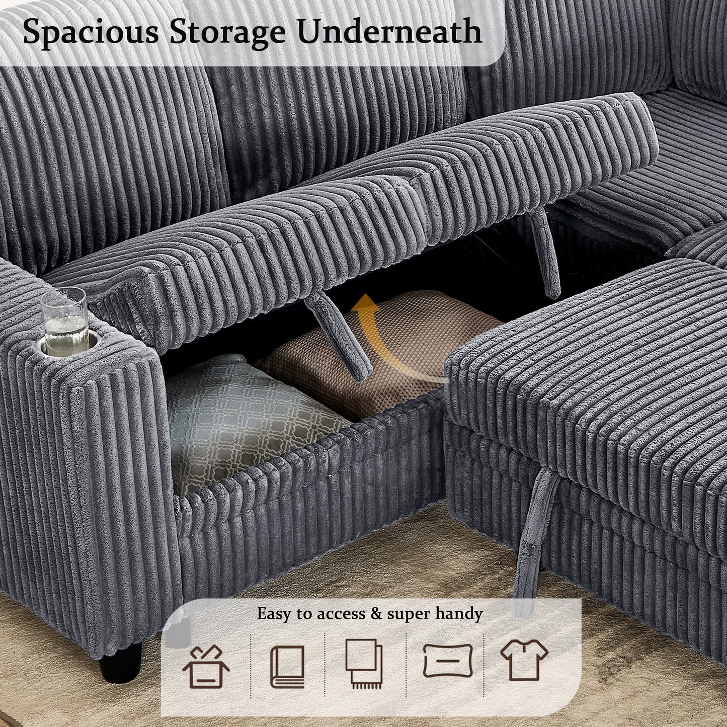 L-Shaped Sectional Sofa Bed with Pull-Out Bed & Storage, 5-Seat Sleeper Couch with USB Charging, Convertible Design for Living Room, Apartment, Corduroy Fabric, Grey image 4