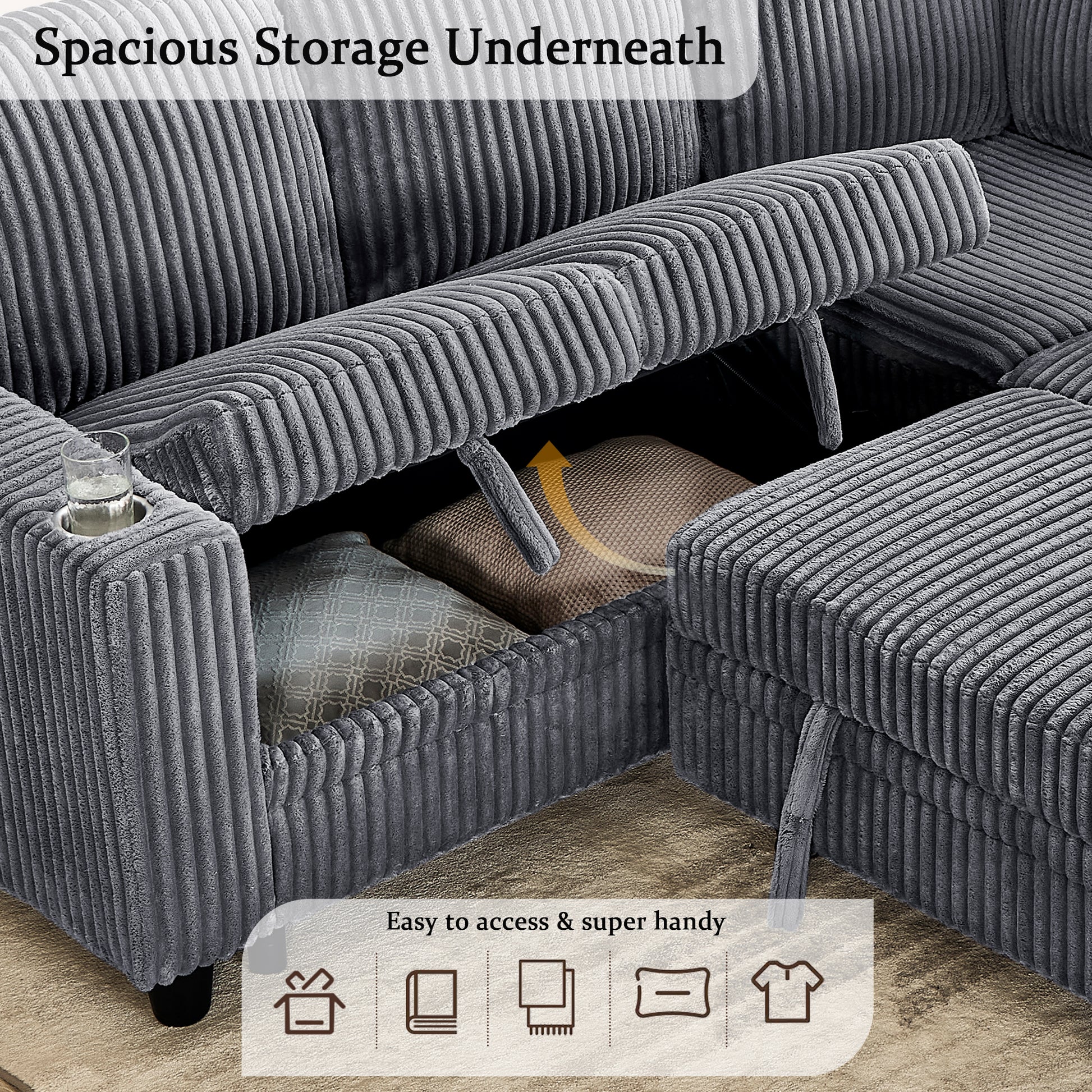 L-Shaped Sectional Sofa Bed with Pull-Out Bed & Storage, 5-Seat Sleeper Couch with USB Charging, Convertible Design for Living Room, Apartment, Corduroy Fabric, Grey image 4