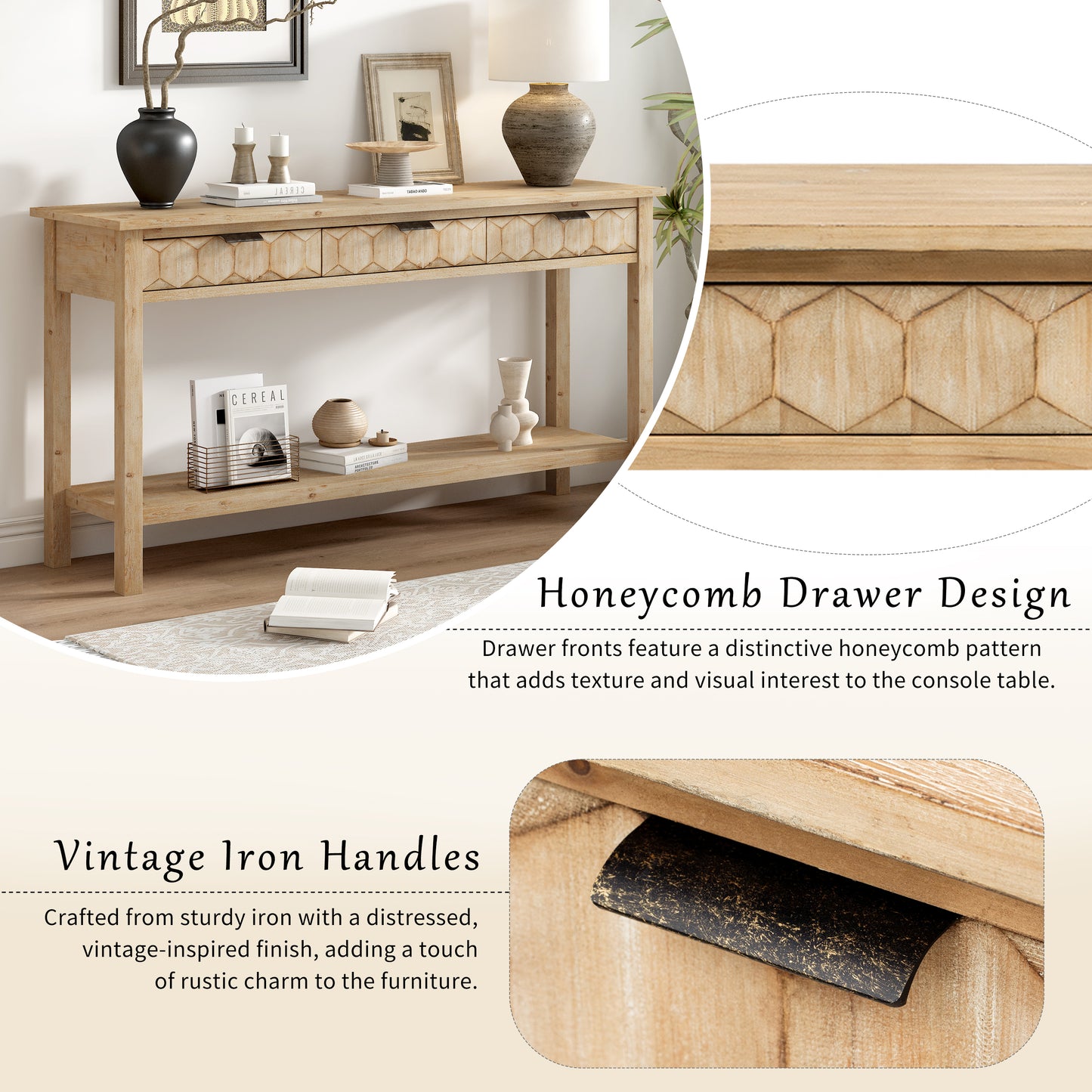 U_Style 58.3'' Fir Veneer Entryway Table with Honeycomb-patterned Fronts,Modern Stylish Console Table with 3 Drawers and Solid Fir legs,Suitable for Living Room,Entryway, Hallway, Study, Foyer image 7