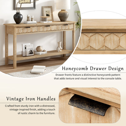 U_Style 58.3'' Fir Veneer Entryway Table with Honeycomb-patterned Fronts,Modern Stylish Console Table with 3 Drawers and Solid Fir legs,Suitable for Living Room,Entryway, Hallway, Study, Foyer image 7