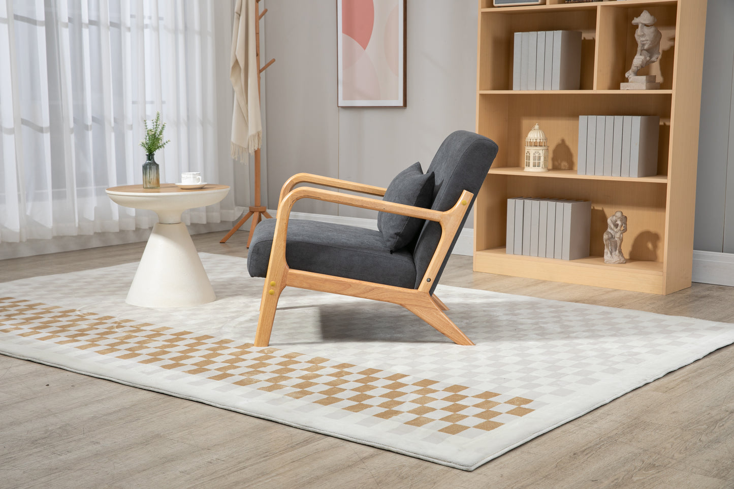Mid Century Modern Accent Chair with Wood Frame, Upholstered Living Room Chairs with Waist Cushion, Reading Armchair for Bedroom Sunroom image 4