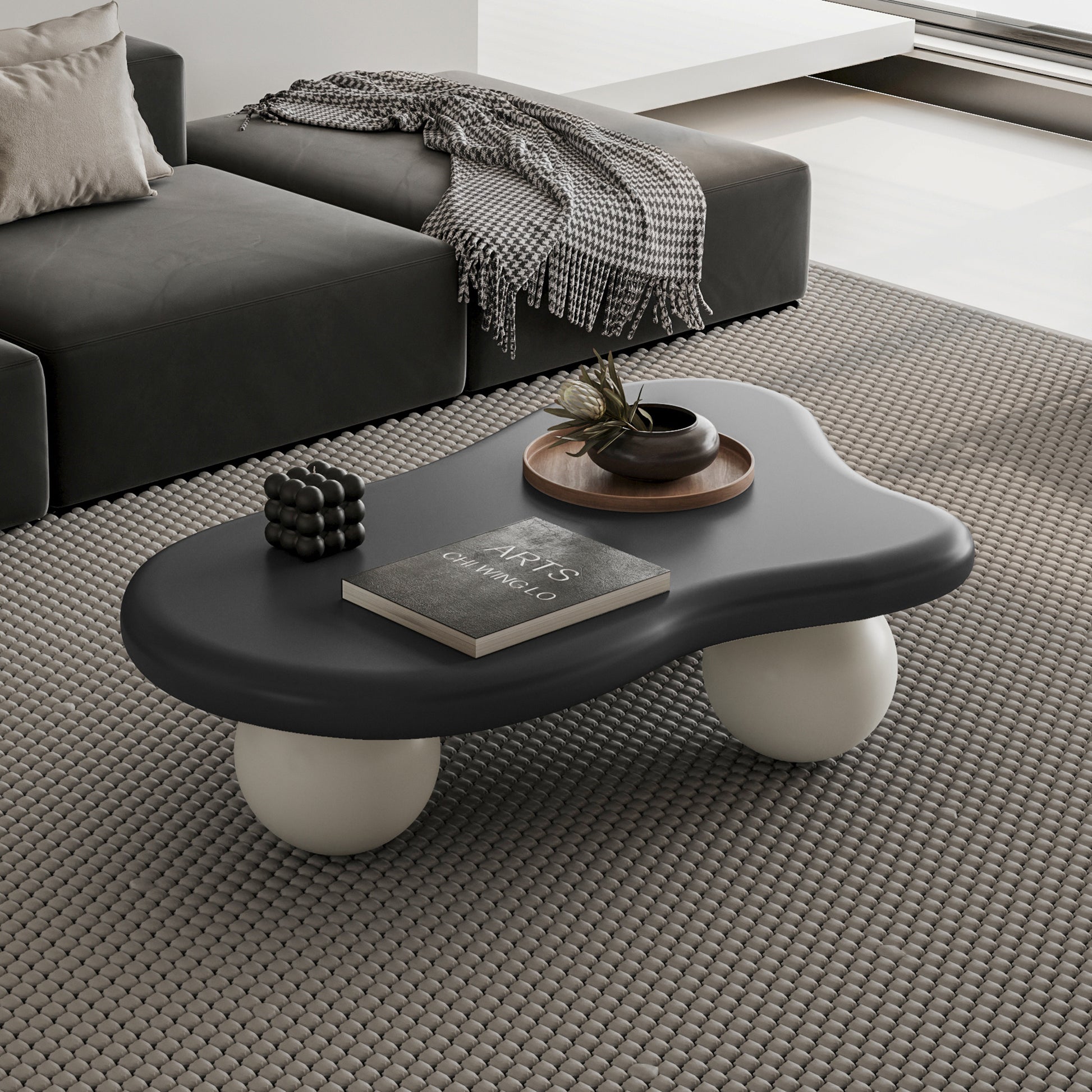 40 Inch Cloud Shaped Coffee Table with 3 Ball Legs for Living Room, Black Top White Legs image 1