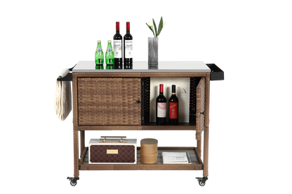 Outdoor Wicker Bar Cart, Patio Wine Serving Cart w/Wheels, Rolling Rattan Beverage Bar Counter Table with stainless steel Top for Porch Backyard Garden Poolside Party, Brown image 10