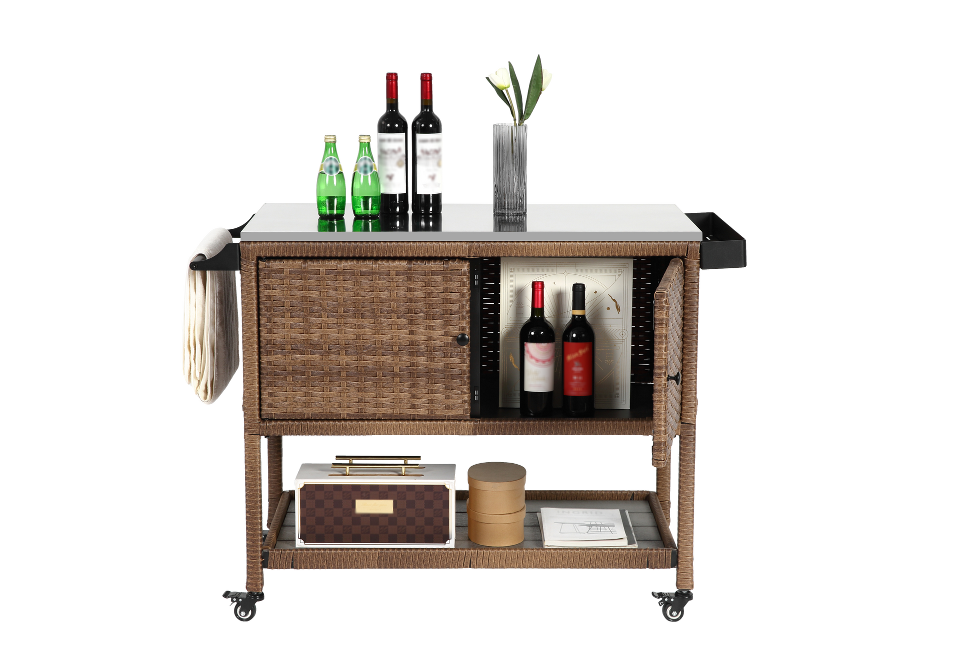 Outdoor Wicker Bar Cart, Patio Wine Serving Cart w/Wheels, Rolling Rattan Beverage Bar Counter Table with stainless steel Top for Porch Backyard Garden Poolside Party, Brown image 10