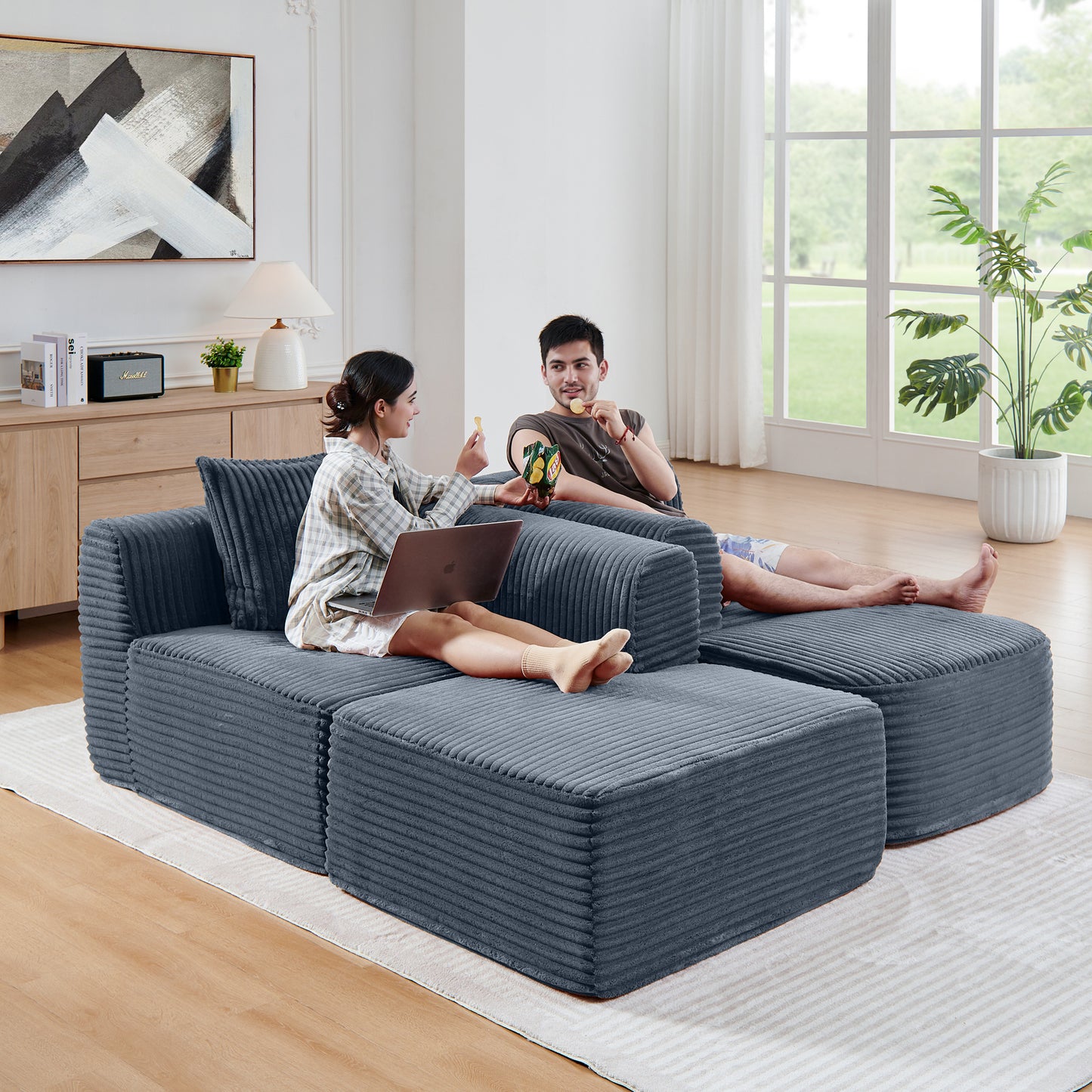 114" Cloud Sectional Couch with L-Shape Chaise, Modular Sofa with Movable Ottoman, Upholstered Couches for Living Room Bedroom, No Assembly Required, Grey image 5