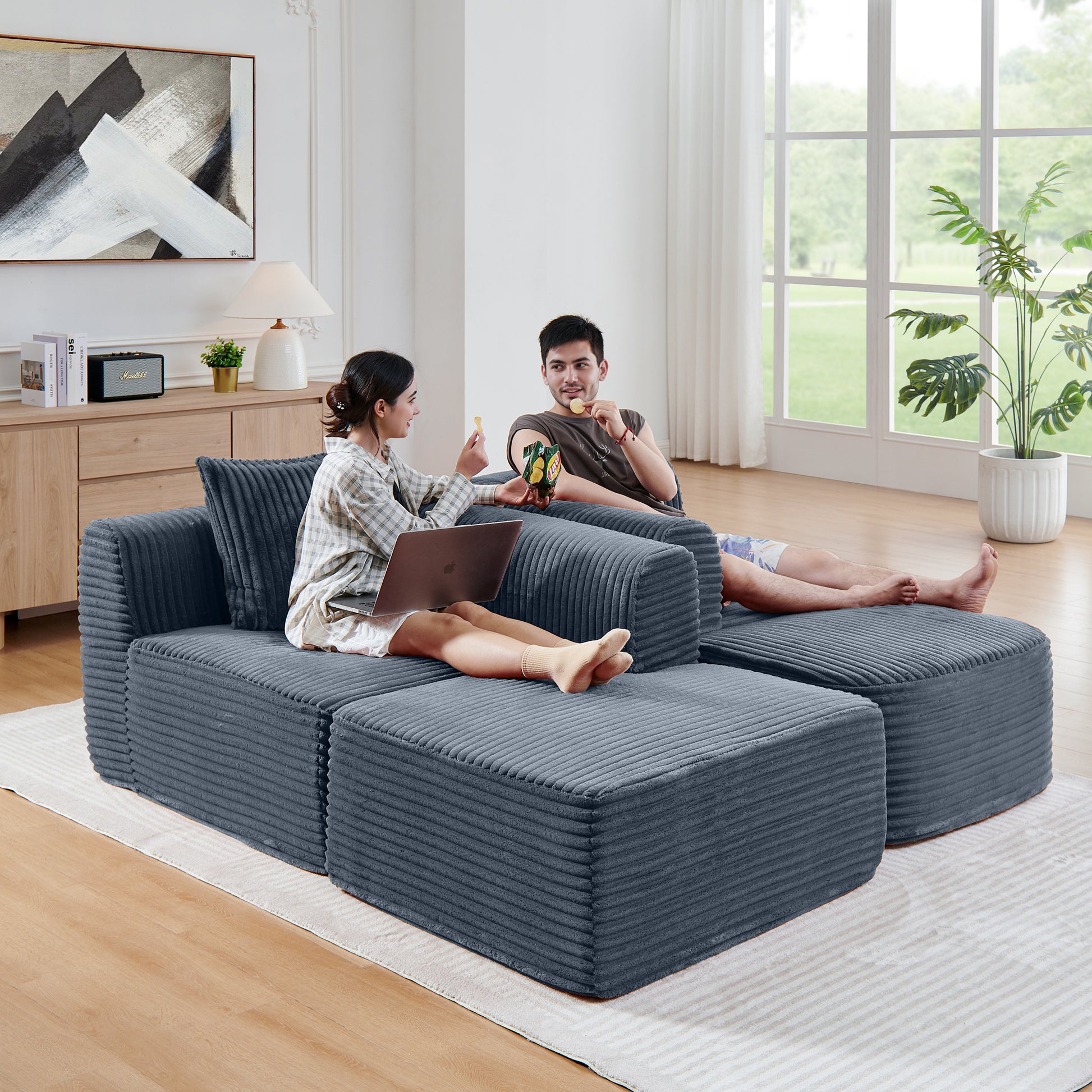 114" Cloud Sectional Couch with L-Shape Chaise, Modular Sofa with Movable Ottoman, Upholstered Couches for Living Room Bedroom, No Assembly Required, Grey image 5