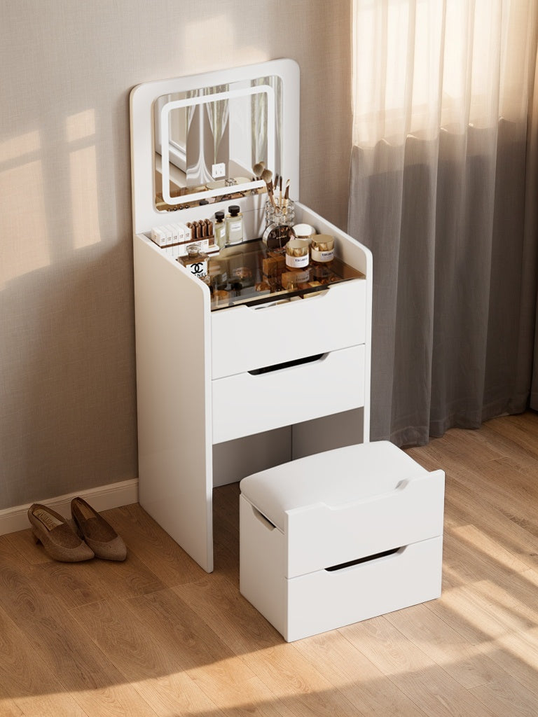 (48CM) 3 in 1 Vanity Desk with Plip Top Mirror, Small Make Up Vanity Set with Visible Glass Desktop, Compact Makeup Vanity with 3 Drawers, Dressing Table for Bedroom (WHITE COLOR) image 9