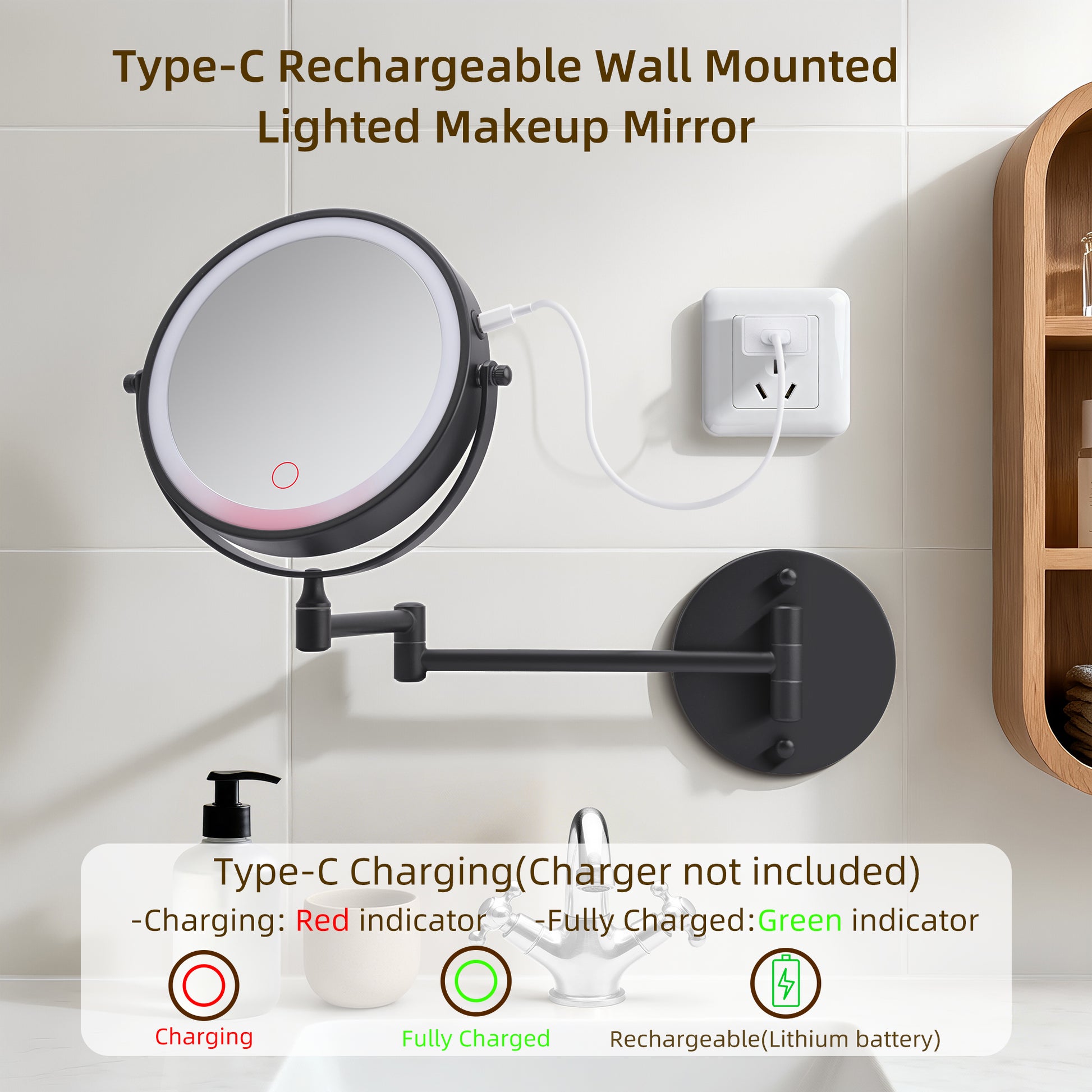 Rechargeable Wall Mounted Makeup Mirror 8'' Magnifying Mirror with Lights Double-Sided 1X/10 360° Rotation Extension Bathroom Shaving Mirror with Foldable Arm image 5