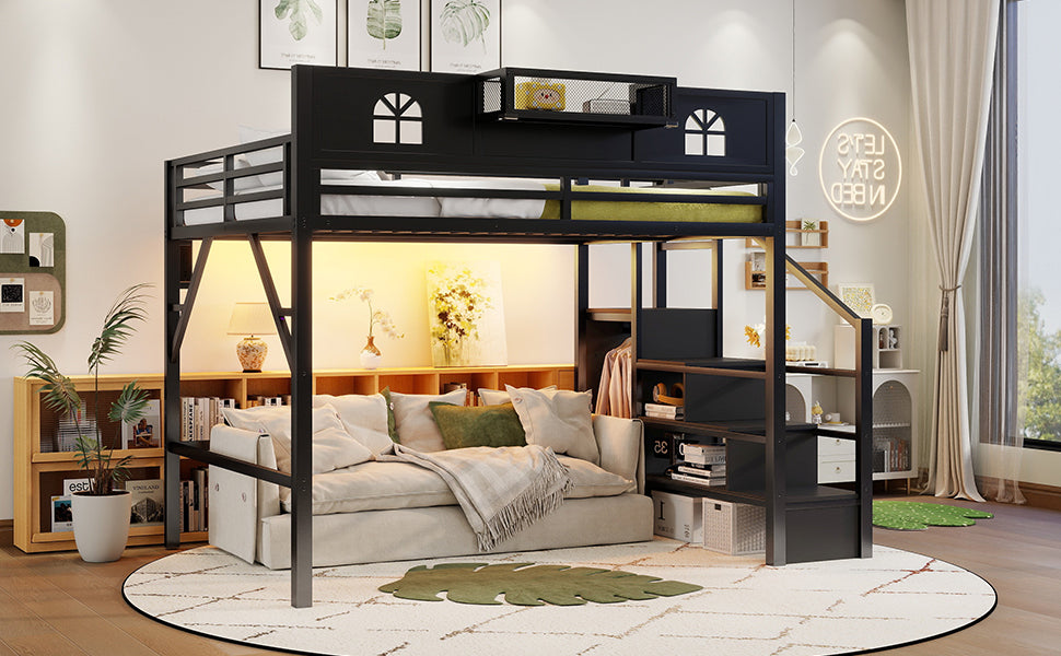 Queen Size Loft Bed with Stairs, Metal Queen Loft Bed with High and House Shaped Guardrails, High Loft Bed with Wardrobe for Kids Teens, black (Expect Arrival Date2026/3/17) image 7