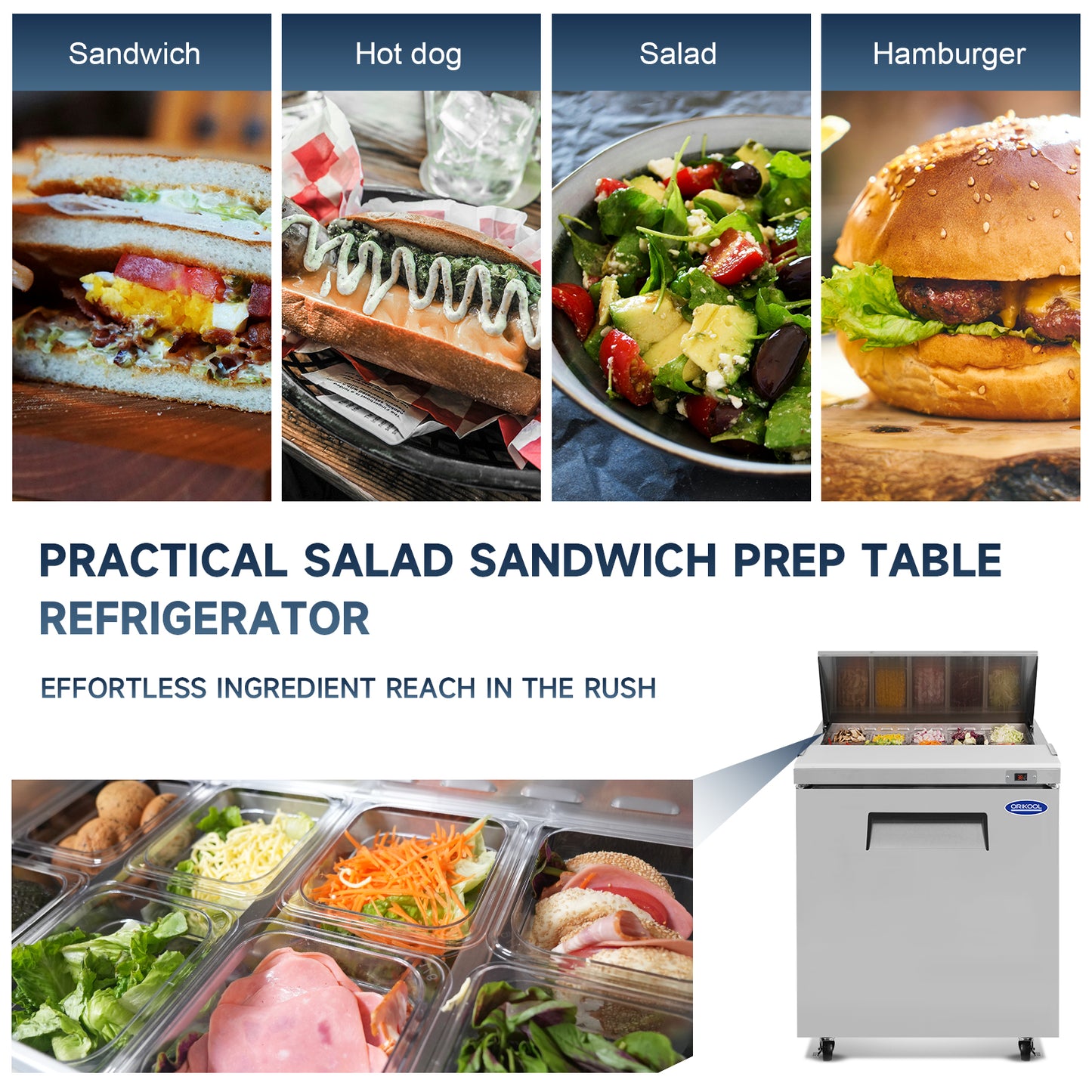 Orikool 29 IN Commercial Refrigerators Sandwich&Salad Prep Table with a Butcher Block Cutting Board, Protection Lid, Cold Storage, ETL Certified image 2