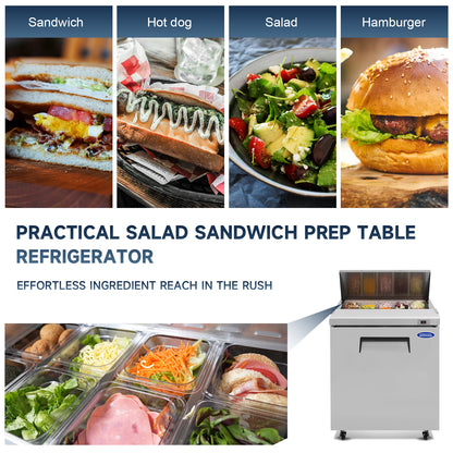 Orikool 29 IN Commercial Refrigerators Sandwich&Salad Prep Table with a Butcher Block Cutting Board, Protection Lid, Cold Storage, ETL Certified image 2