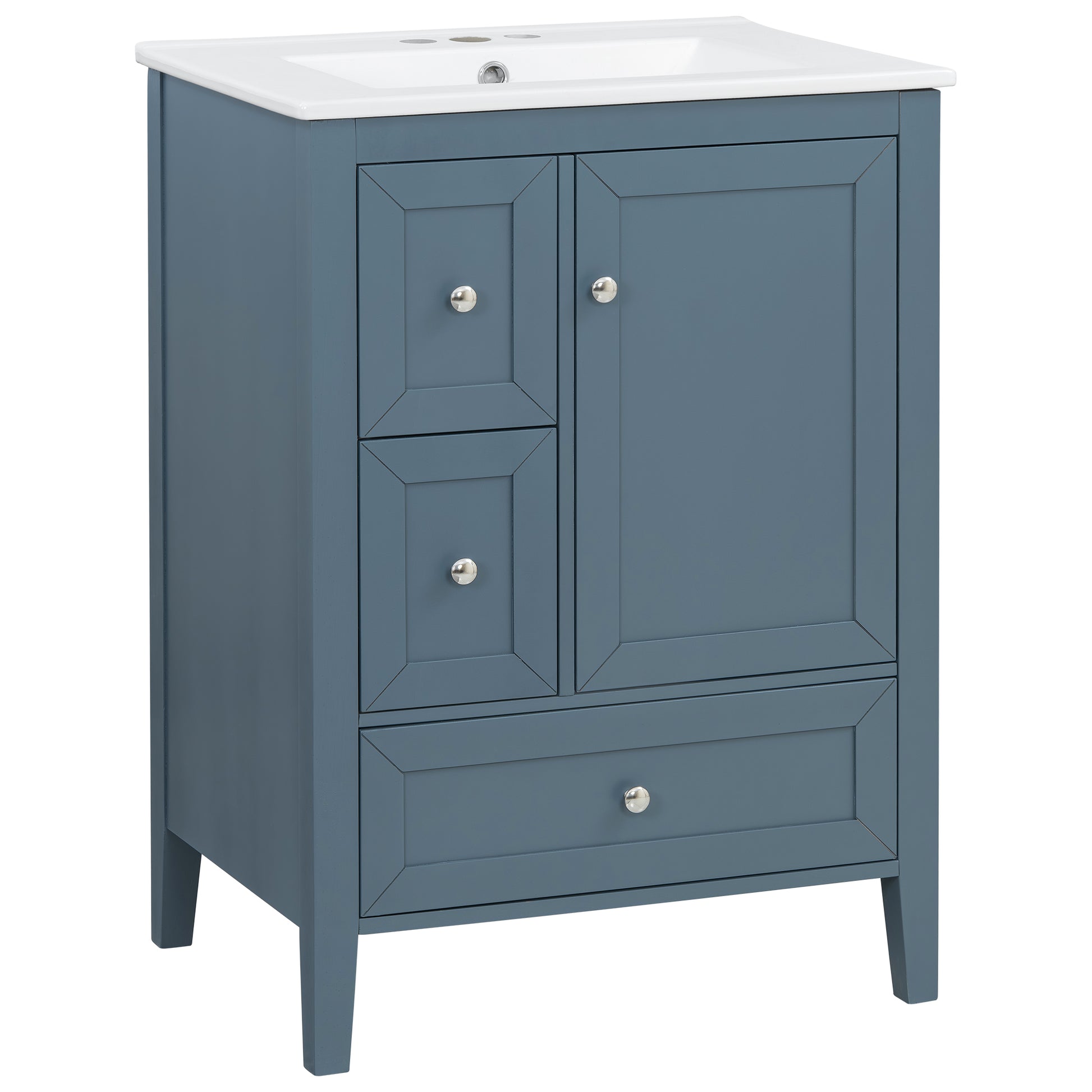 [Video] 24" Modern Blue Gray Bathroom Vanity with Ceramic Sink, Solid Wood Legs, Soft-Close Drawers & Door, Storage Rack, Painted Surface Finish image 8