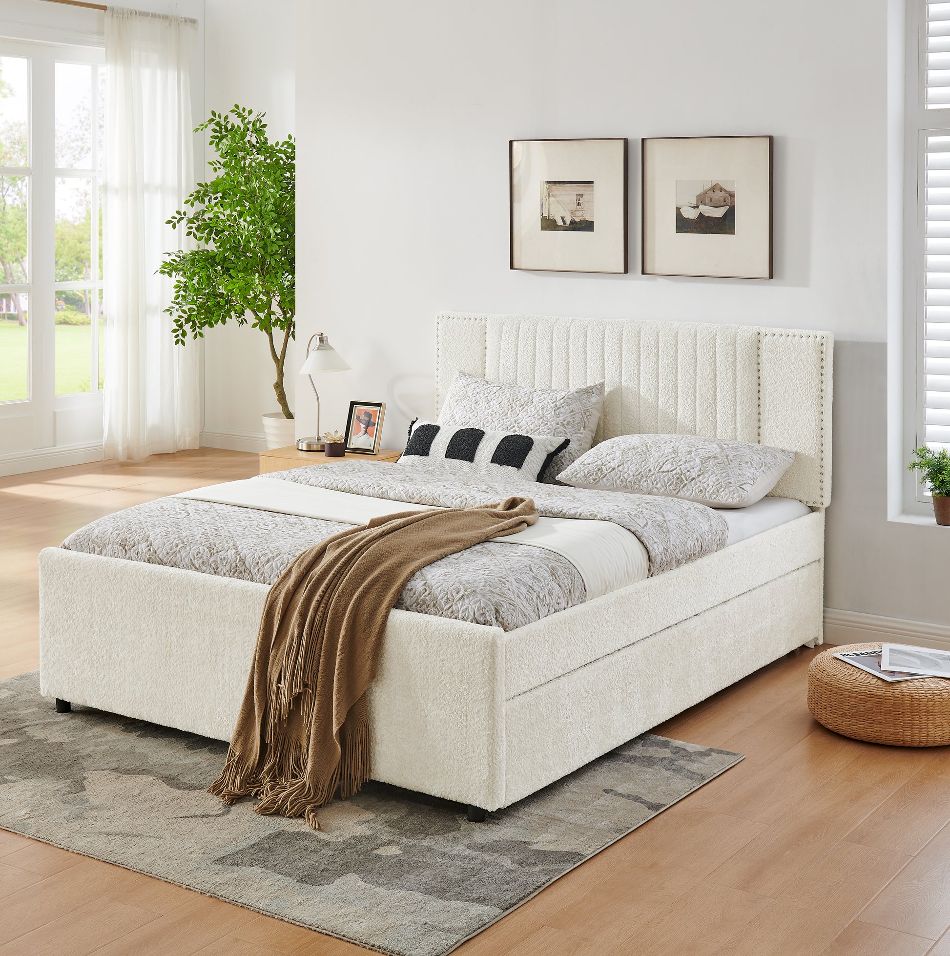 Queen Size Vertical Channel Tufted Headboard & Nailhead Trim Space Saving Upholstered Bed, Multi-functional Design with 2 Storage Drawers and Pull-out Trundle Bed, Chenille image 1