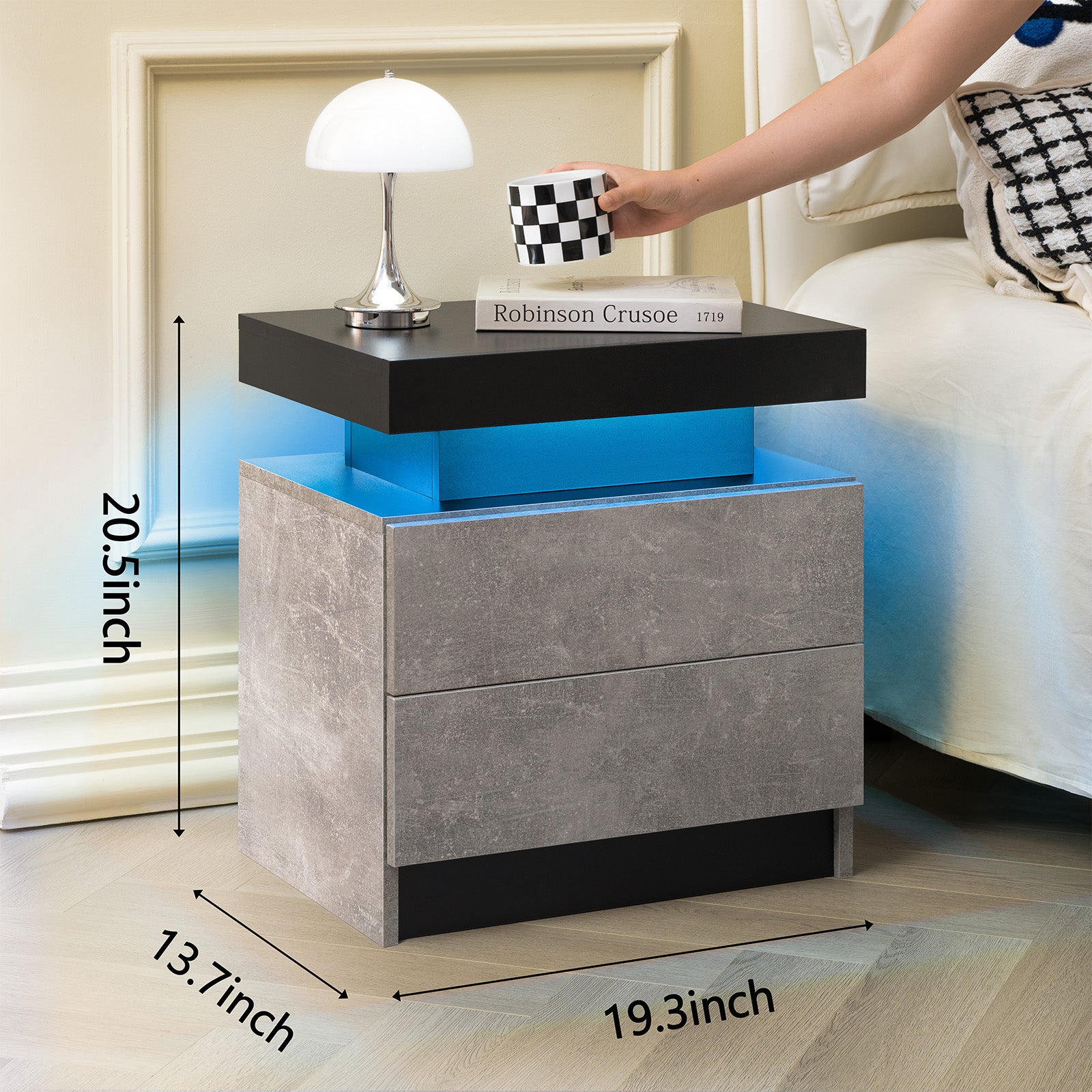 Nightstand LED Bedside Table Cabinet Lights Modern End Side with 2 Drawers for Bedroom (Black+Gray) image 4