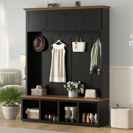 VIBE HAUS 59''W Entryway Hall Tree with Bench and Storage, Farmhouse Wood-grain Accent 4-in-1 Hall Tree with Cabinets, Coat Racks and Hooks for Hallway, Entryway, living room and Mudroom image 1