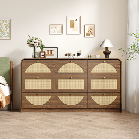 Walnut Finish 9‑Drawer Dresser with Rattan Front, Wide Particle Board Chest of Drawers, Modern Storage Cabinet for Bedroom Living Room Entryway, Sturdy Frame & Large Capacity image 1