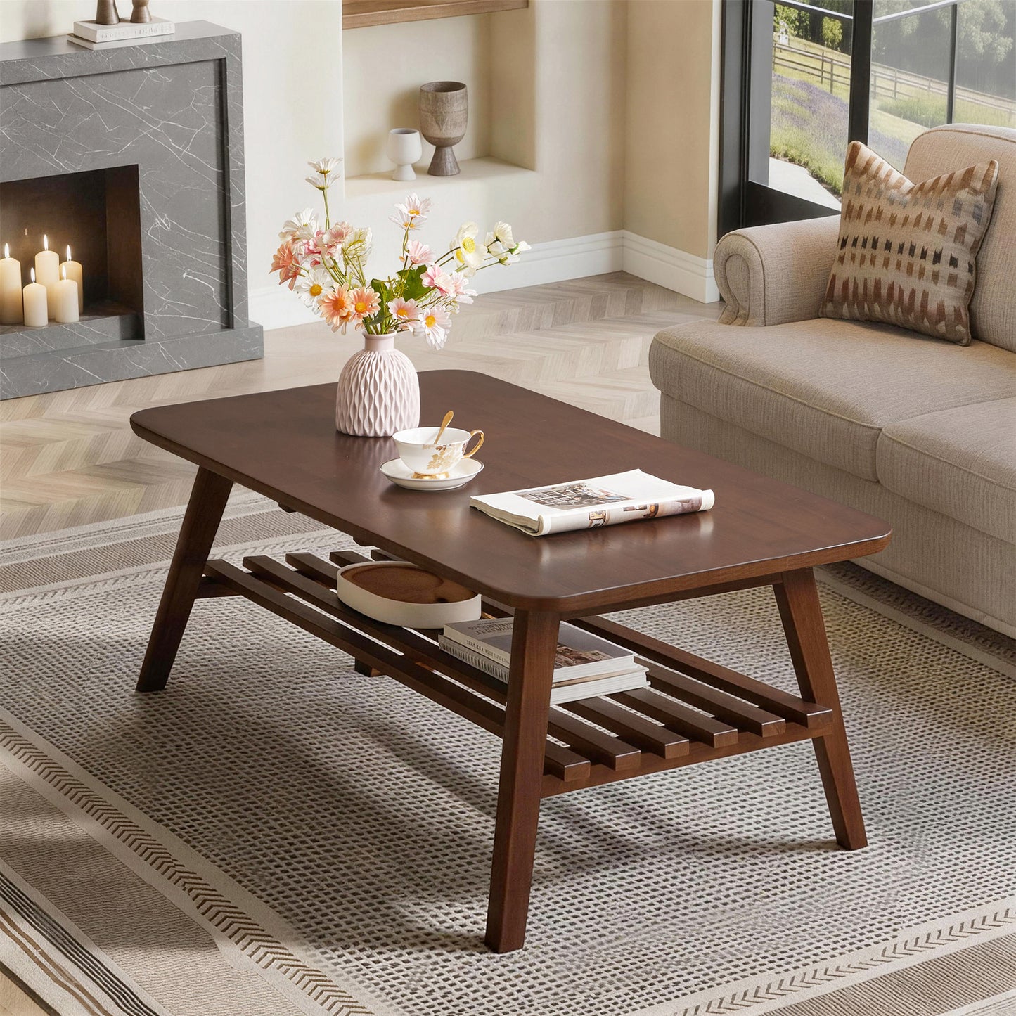 Wooden Coffee Table with Storage Shelf, Mid-Century Rectangular Center Table for Living Room,Walnut Brown image 2